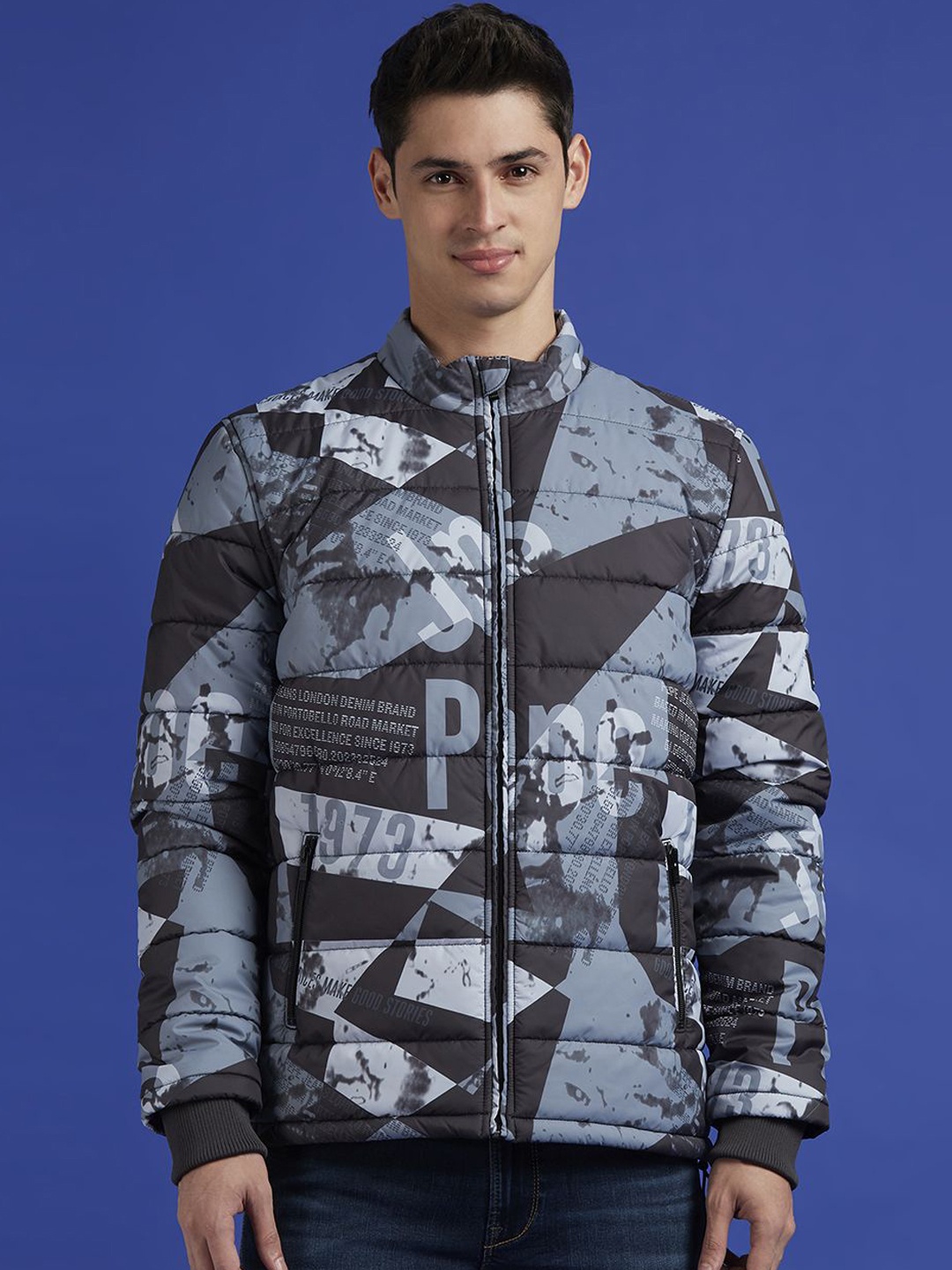 

Pepe Jeans Men Mock Collar Abstract Printed Casual Padded Jacket, Black