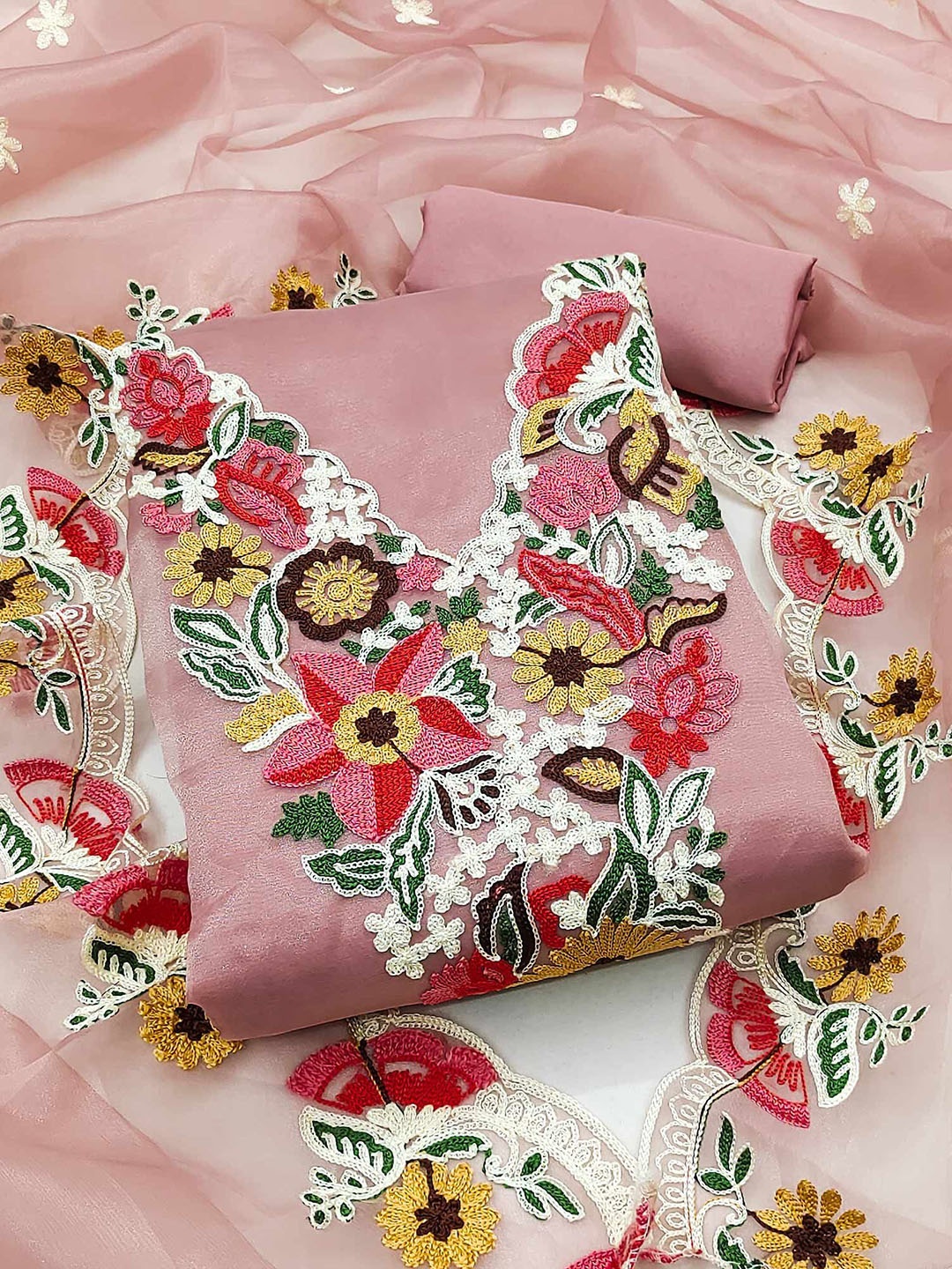

Peachmode Floral Embroidered Thread Work Organza Unstitched Dress Material, Pink
