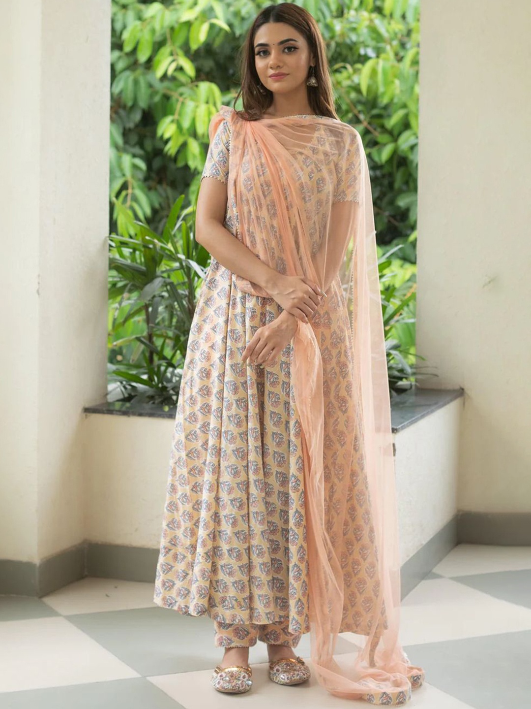 

SUKITI Ethnic Motifs Printed Regular Pure Cotton A-Line Kurta with Trousers & Dupatta, Cream