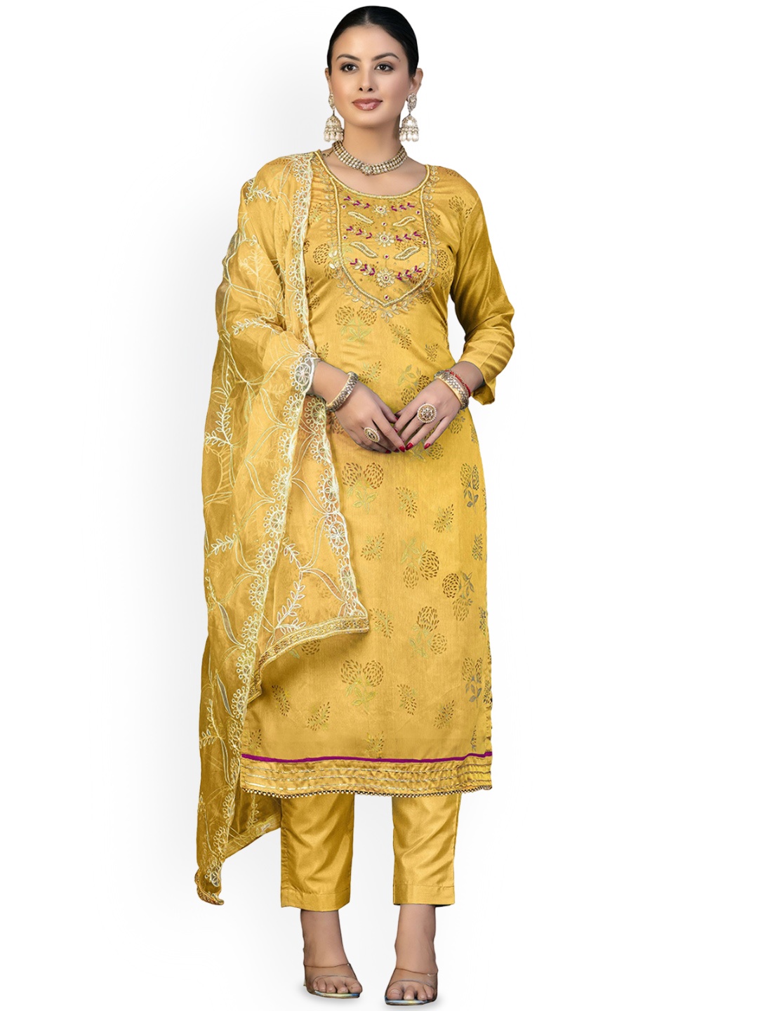 

Maroosh Floral Printed Unstitched Dress Material, Mustard