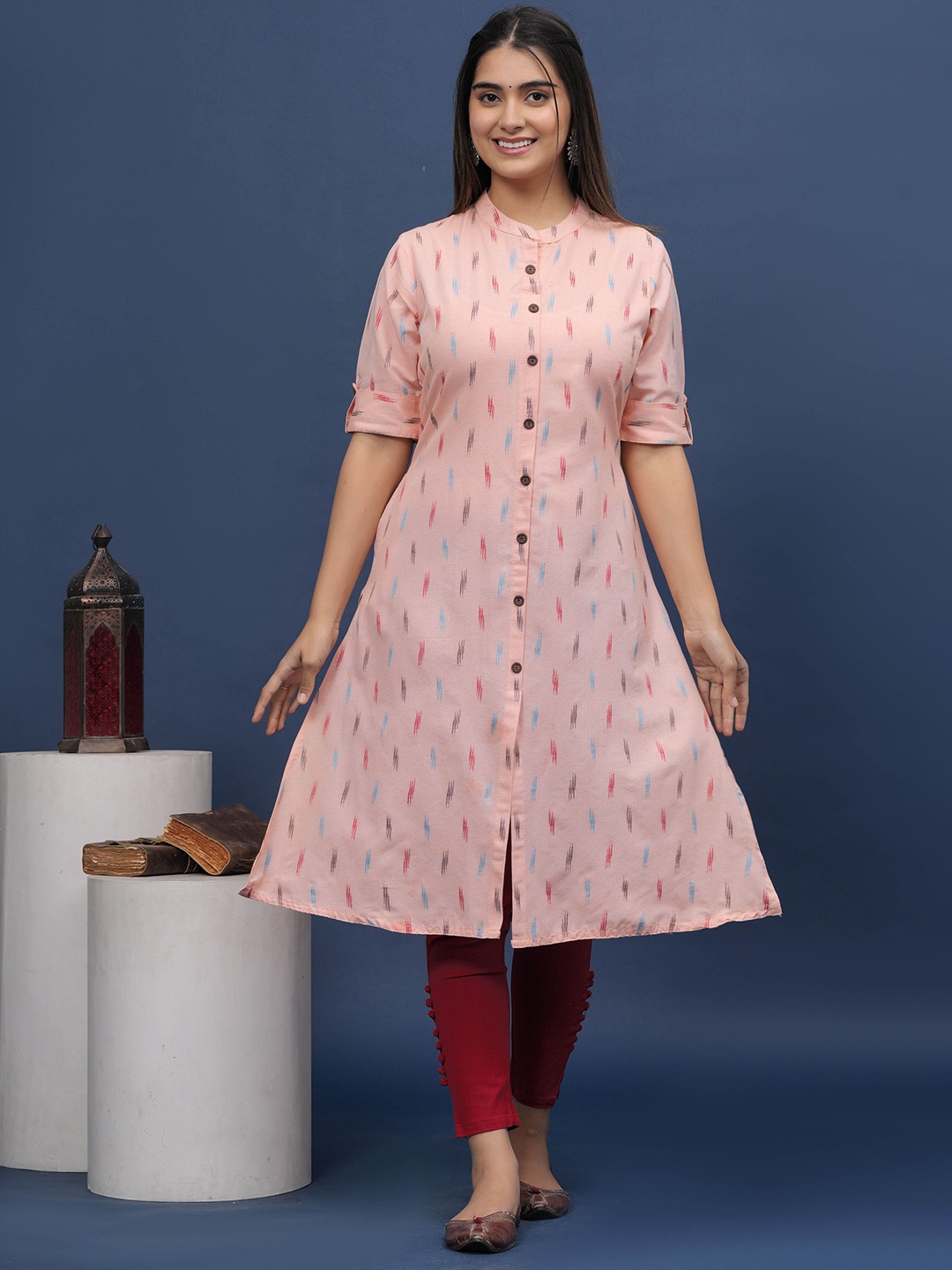 

DIZON Printed Pure Cotton A-Line Kurta, Pink