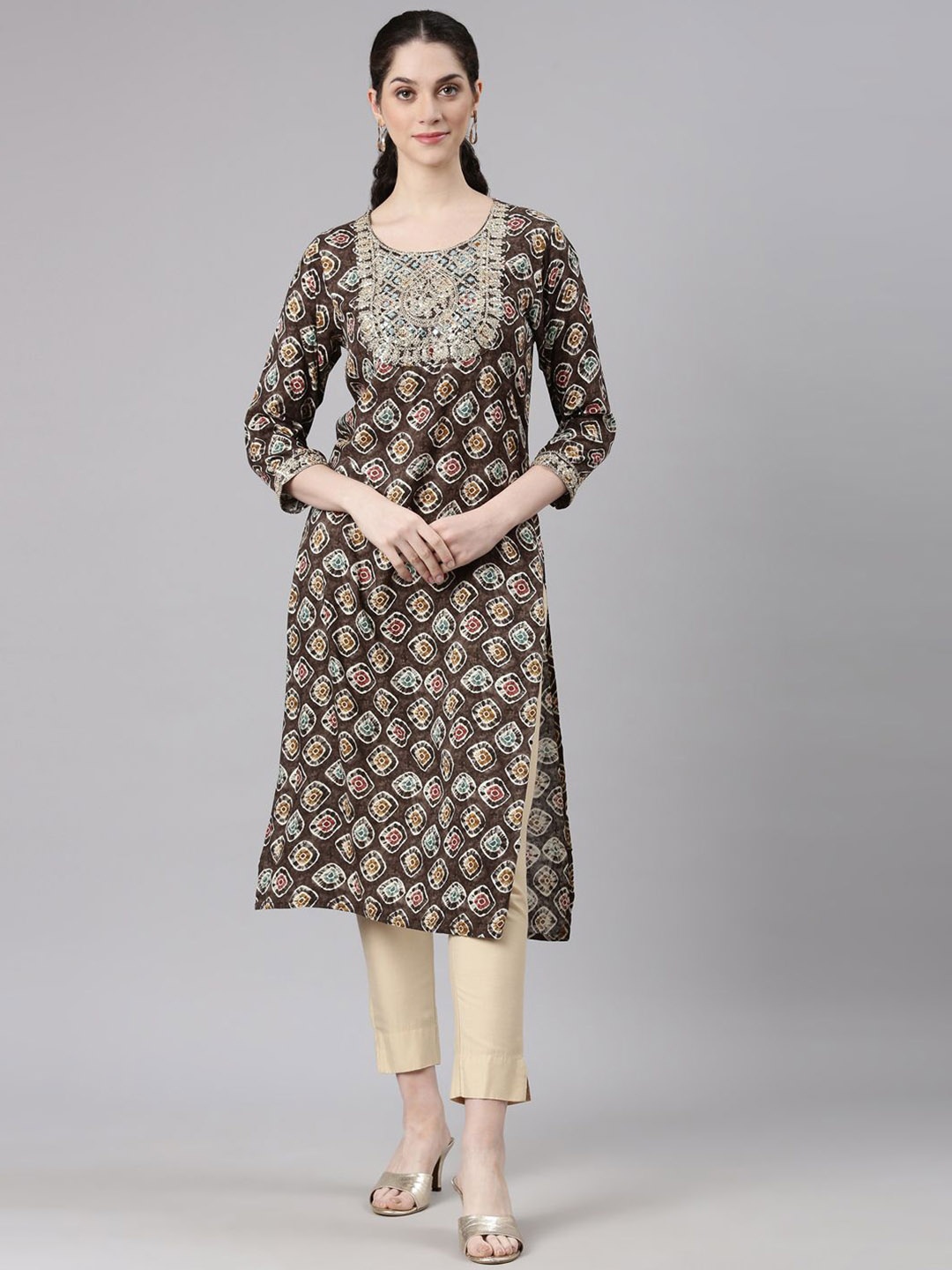 

Neerus Ethnic Motifs Embellished Mirror Work Round Neck Straight Kurta, Grey