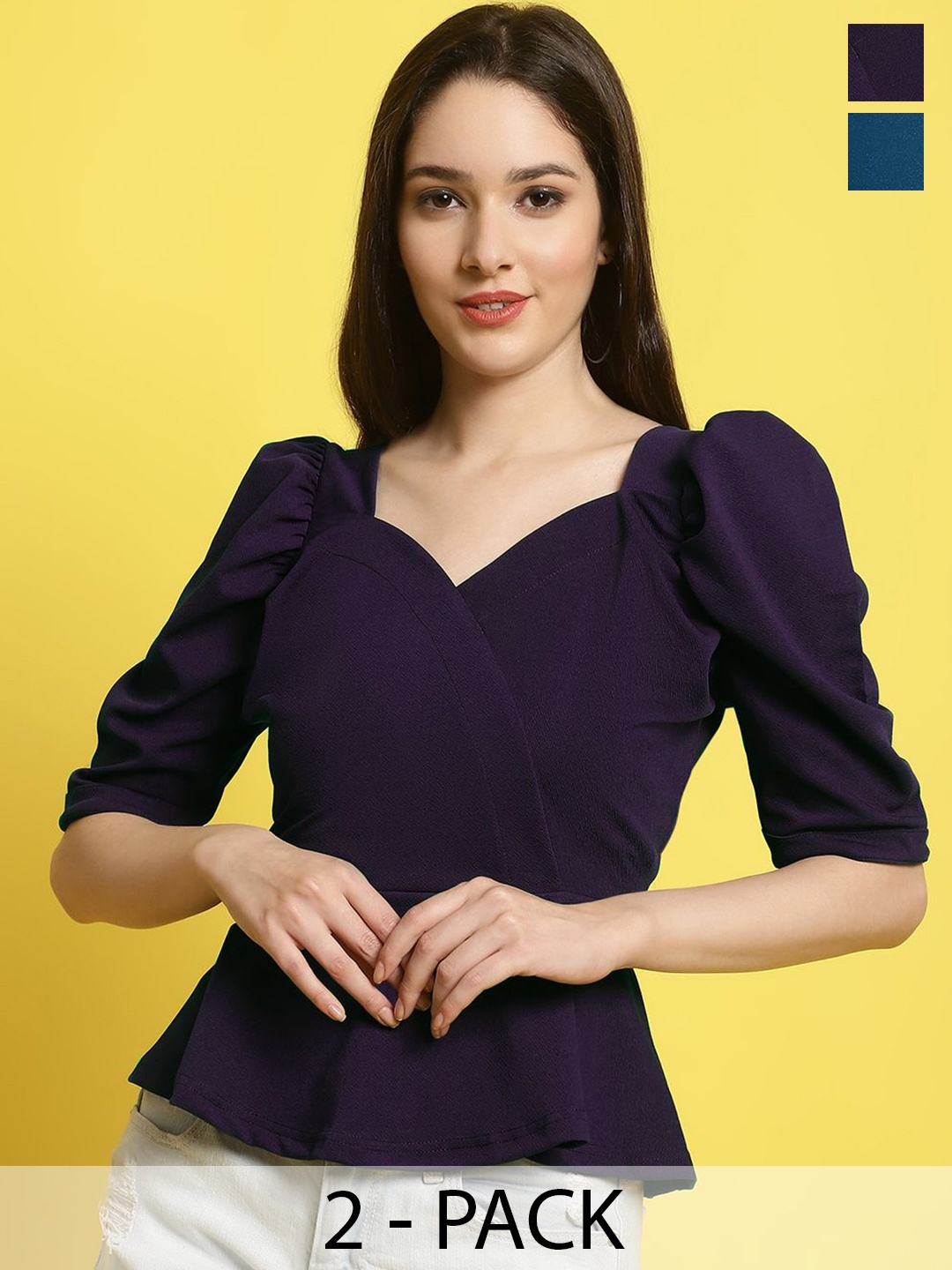 

Metronaut Women Pack Of 2 Sweetheart Neck Puff Sleeves Crop Peplum Top, Purple