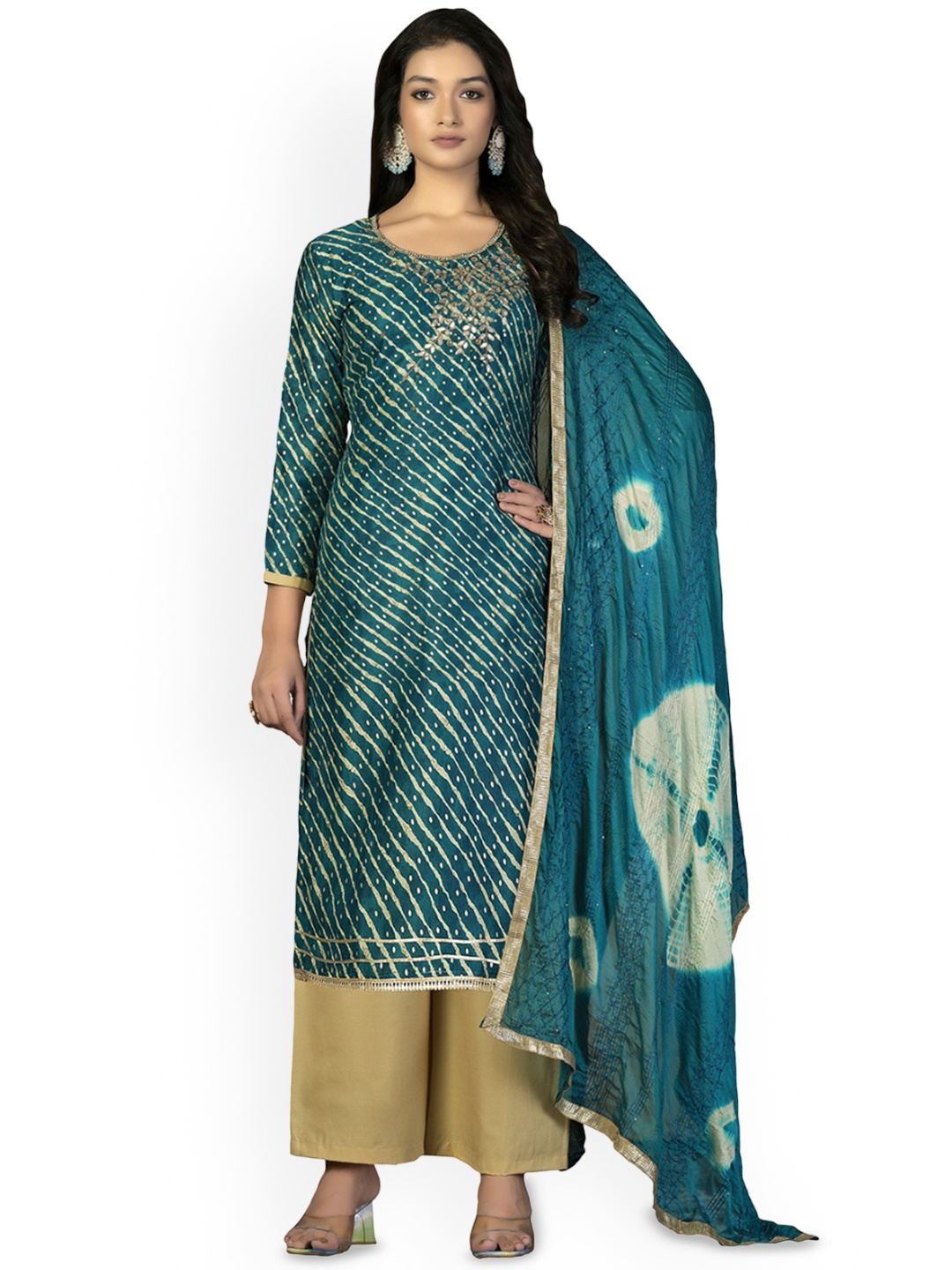 

Maroosh Leheriya Printed Unstitched Dress Material, Teal