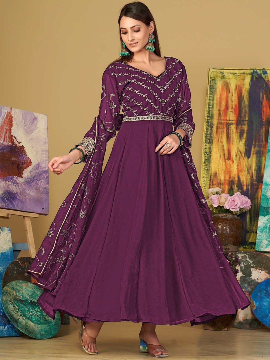 

Warthy Ent Floral Embroidered Semi-Stitched Dress Material, Purple