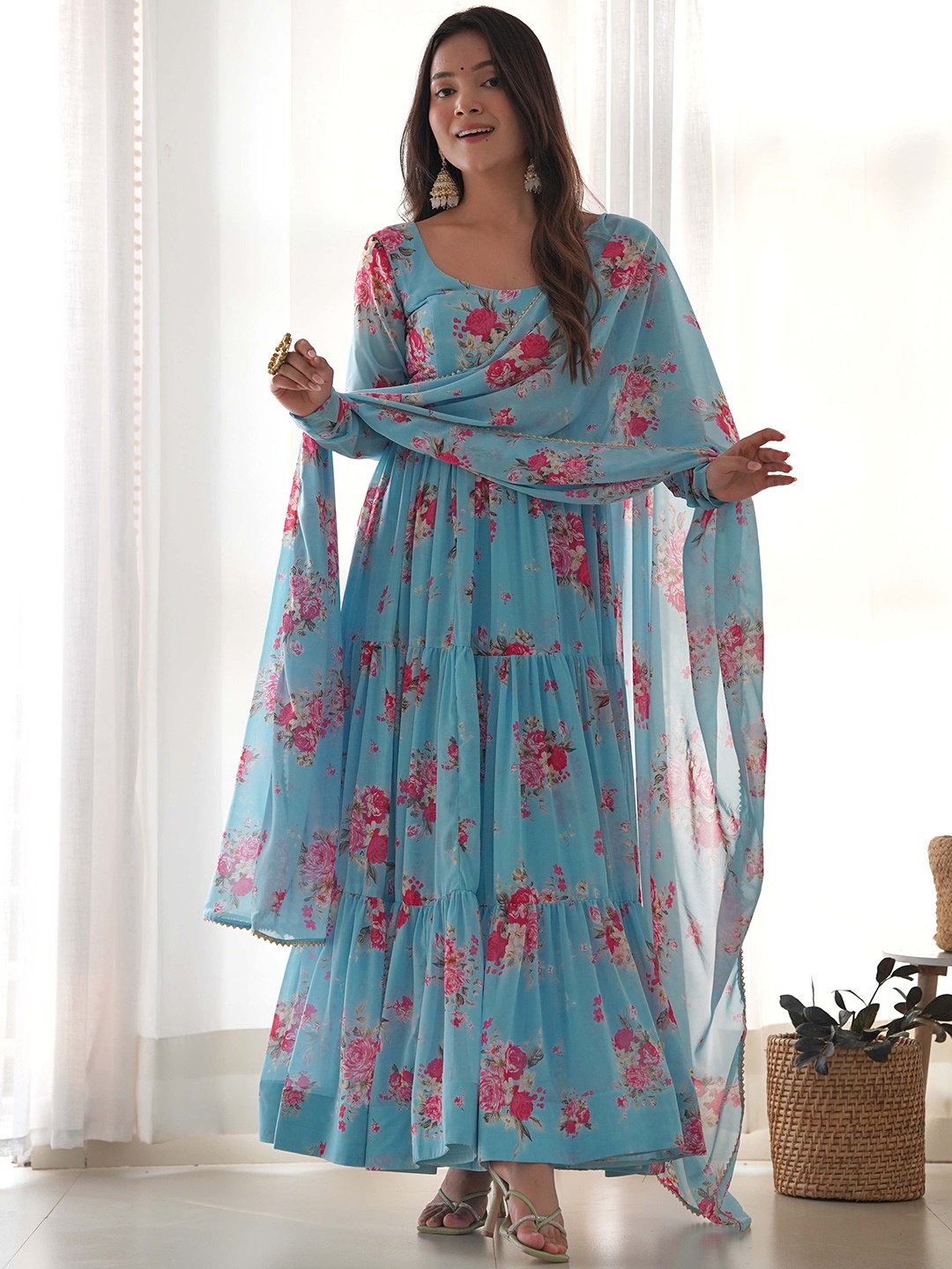 

Tanhai Floral Printed Gotta Patti Georgette Anarkali Kurta With Trouser & Dupatta, Blue