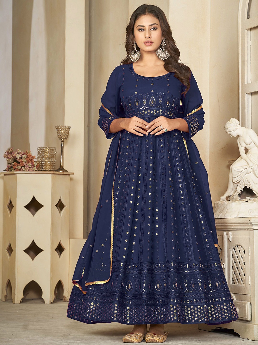 

Warthy Ent Abstract Embroidered Semi-Stitched Dress Material, Blue