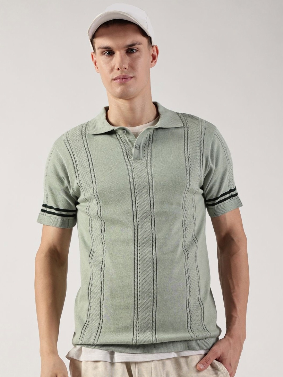 

Thomas Scott Men Self Design Polo Collar Cotton T-shirt, Green