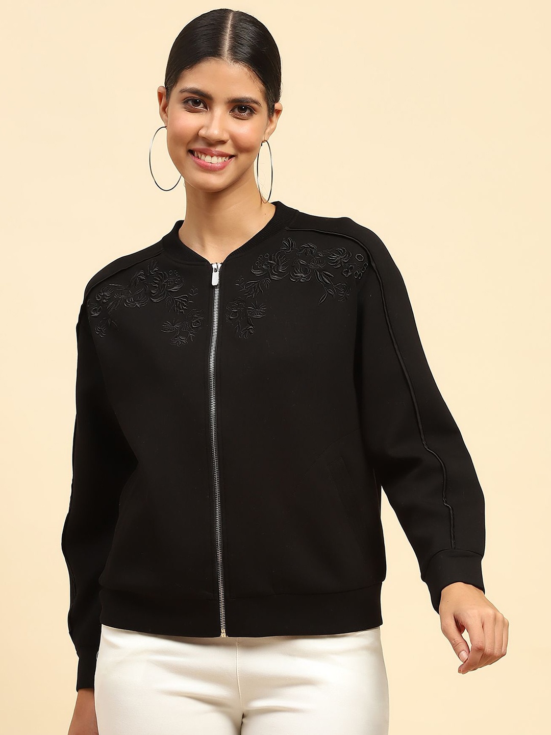 

Global Republic Women Embroidered Front-Open Sweatshirt, Black