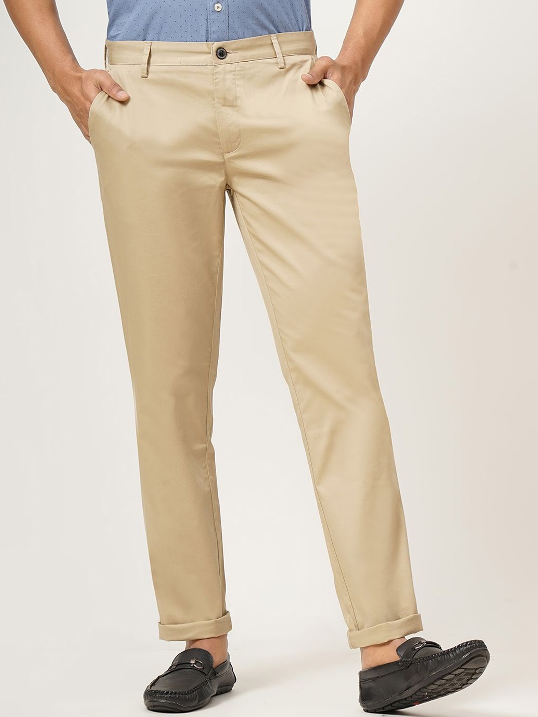 

JADE BLUE Men Cotton Mid-Rise Slim Fit Trousers, Beige