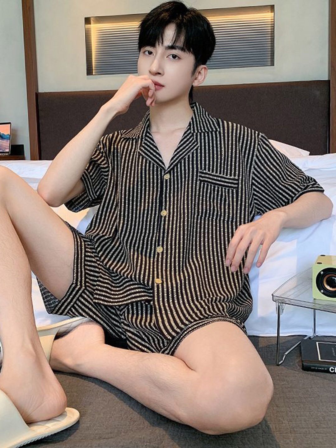 

StyleCast Striped Lapel Collar Neck Short Sleeves Shirt With Shorts, Brown