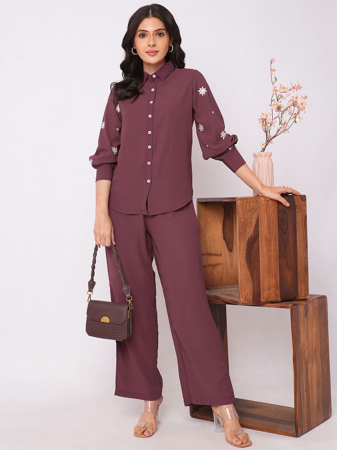

Selvia Embroidered Shirt With Trousers Co-Ords, Maroon