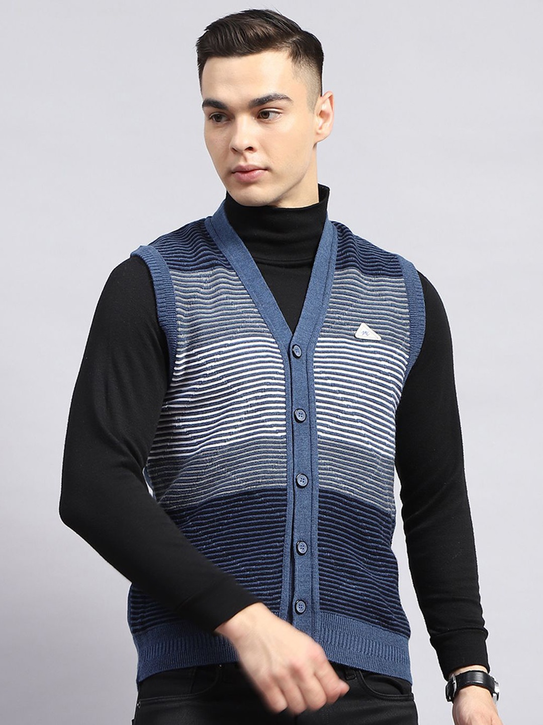 

Monte Carlo Men Striped Woollen V-Neck Sleeveless Cardigan, Blue