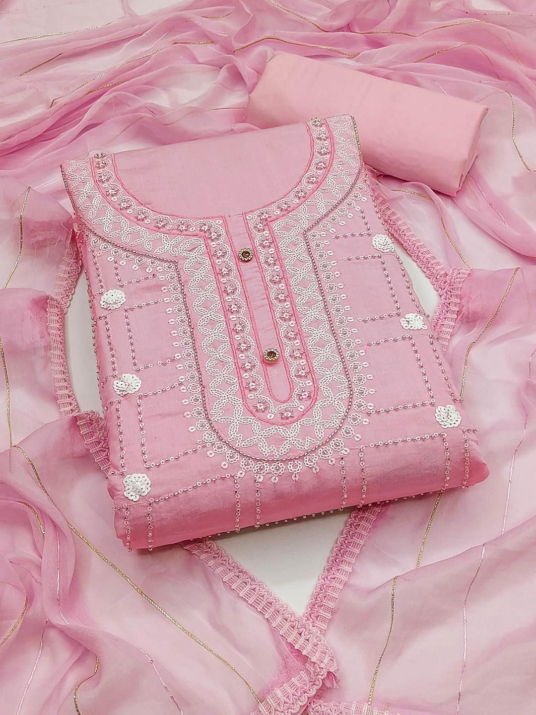 

Peachmode Embroidered Unstitched Dress Material, Pink