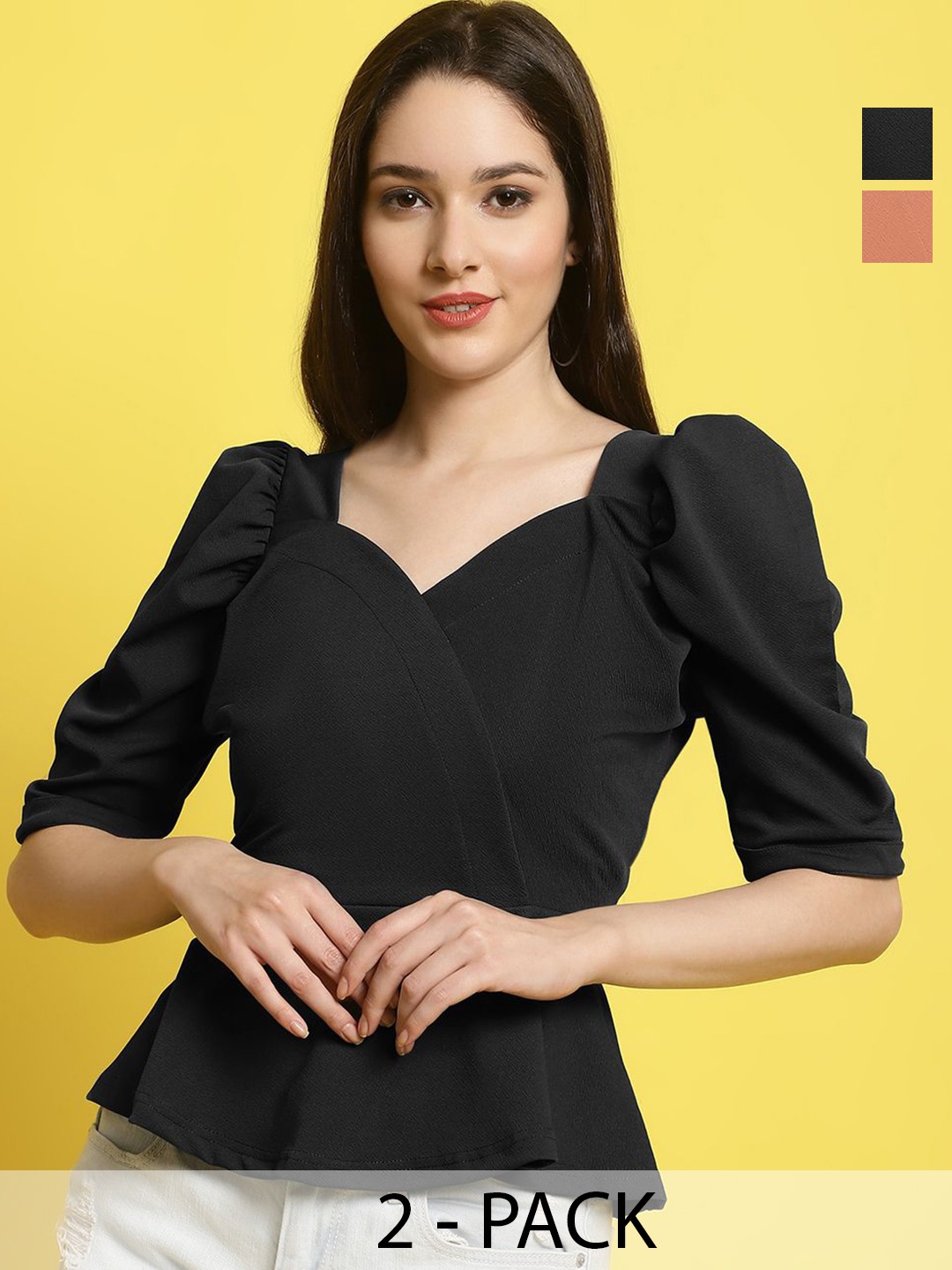 

Metronaut Women Pack Of 2 Sweetheart Neck Crop Top, Black