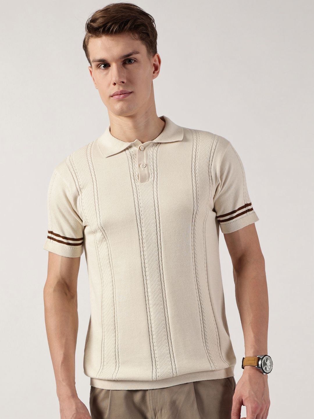 

Thomas Scott Men Self Design Polo Collar Cotton T-shirt, Cream