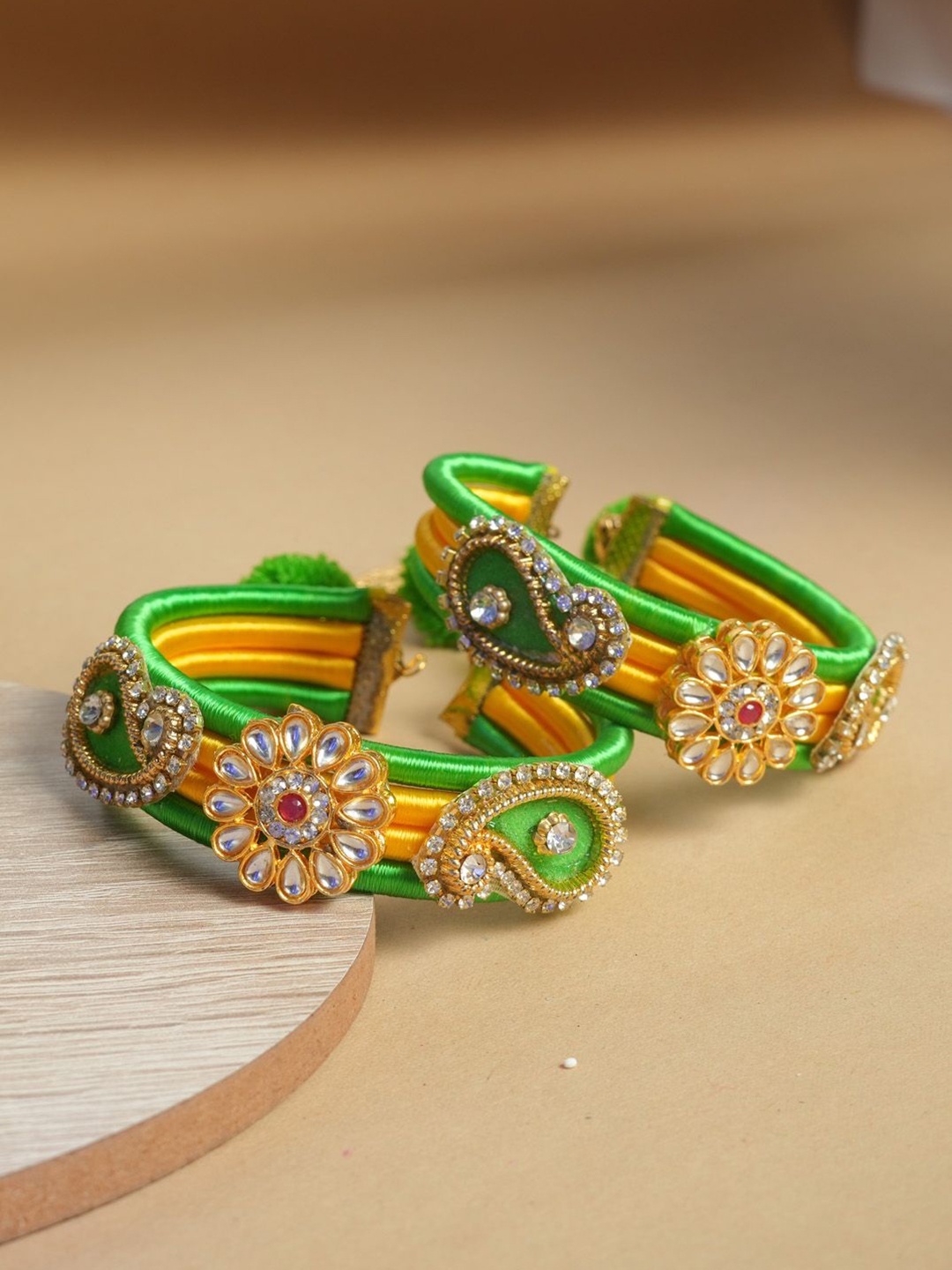 

VIRAASI Set Of 2 Kundan Studded Bangles, Green