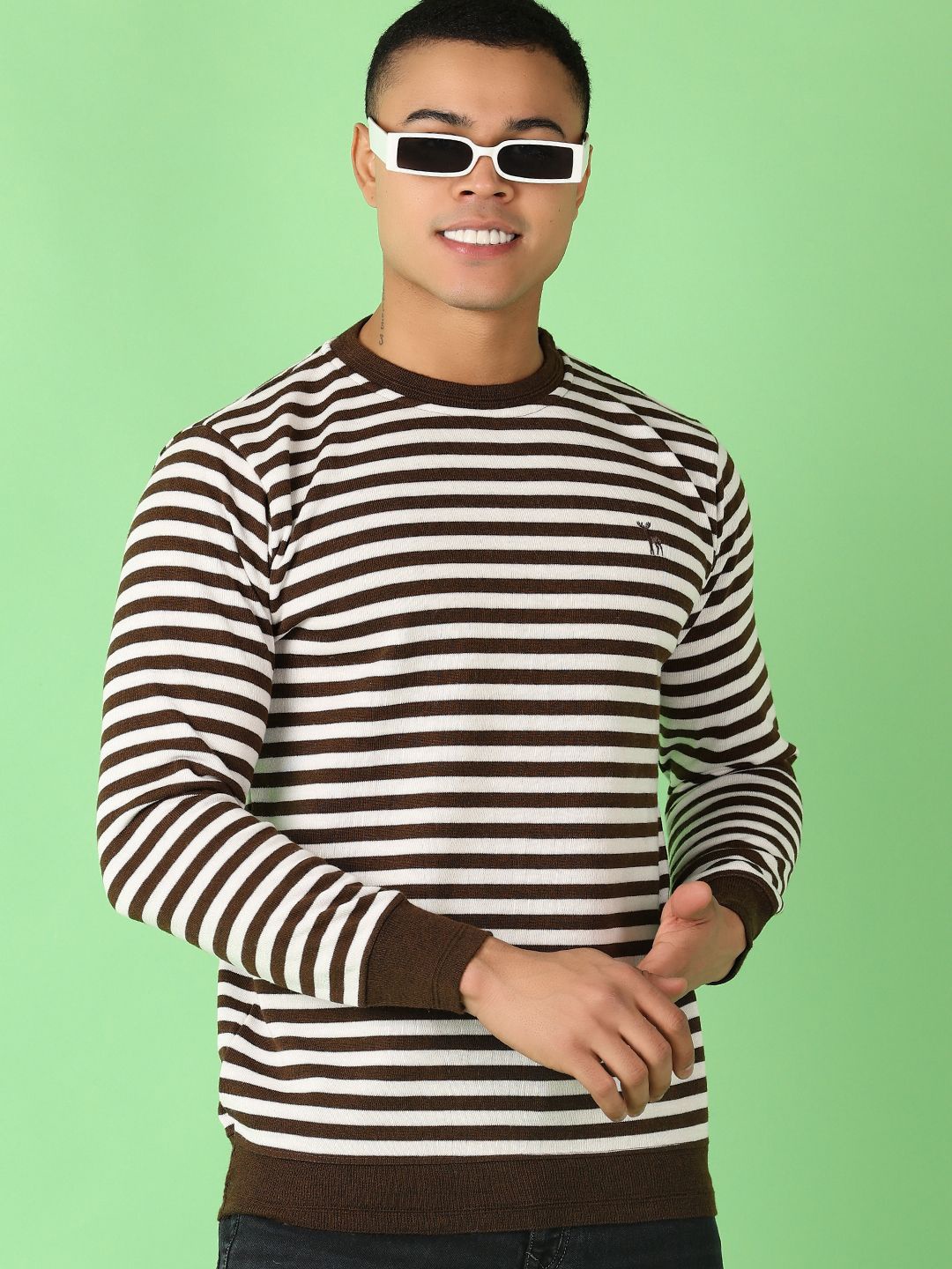 

V-Mart Men Round Neck Striped Pullover, Brown