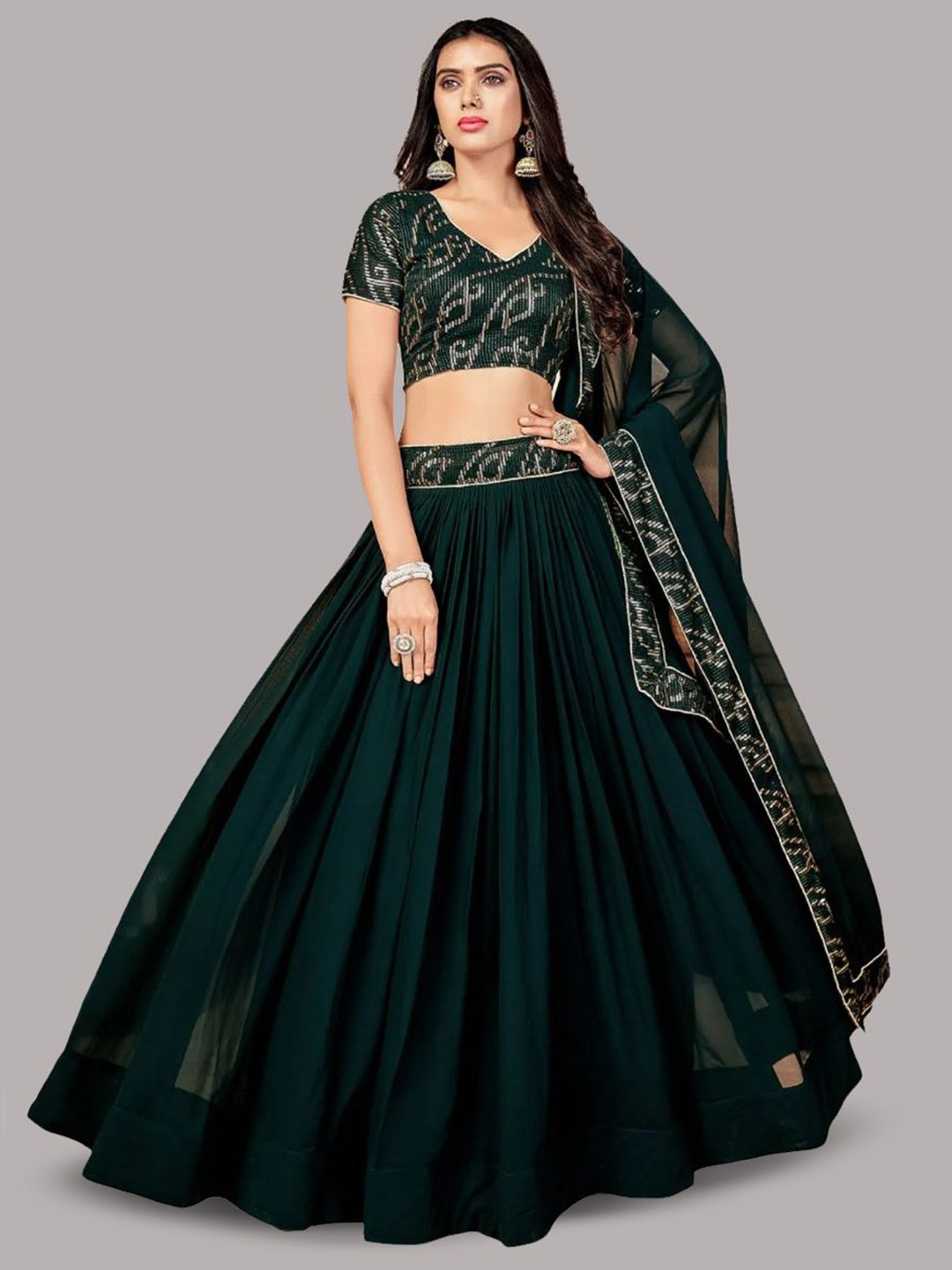

KALINI Embroidered Sequinned Semi-Stitched Lehenga & Unstitched Blouse With Dupatta, Green