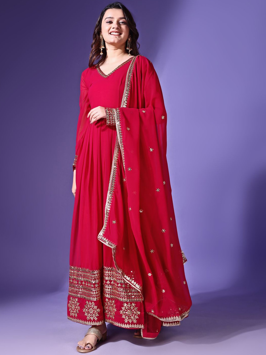 

KALINI Women Embroidered Angrakha Sequinned Kurta with Pyjamas & With Dupatta, Red
