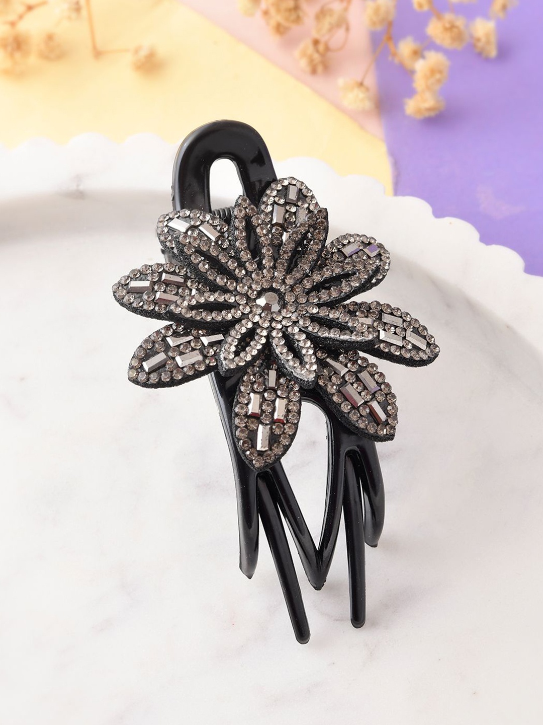 

Silvermerc Designs Women Embellished Flower Claw Clip, Black