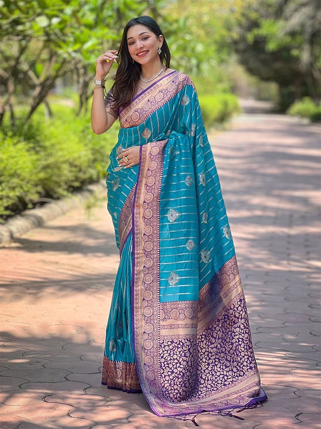 

ODETTE Woven Design Zari Saree With Unstitched Blouse, Blue