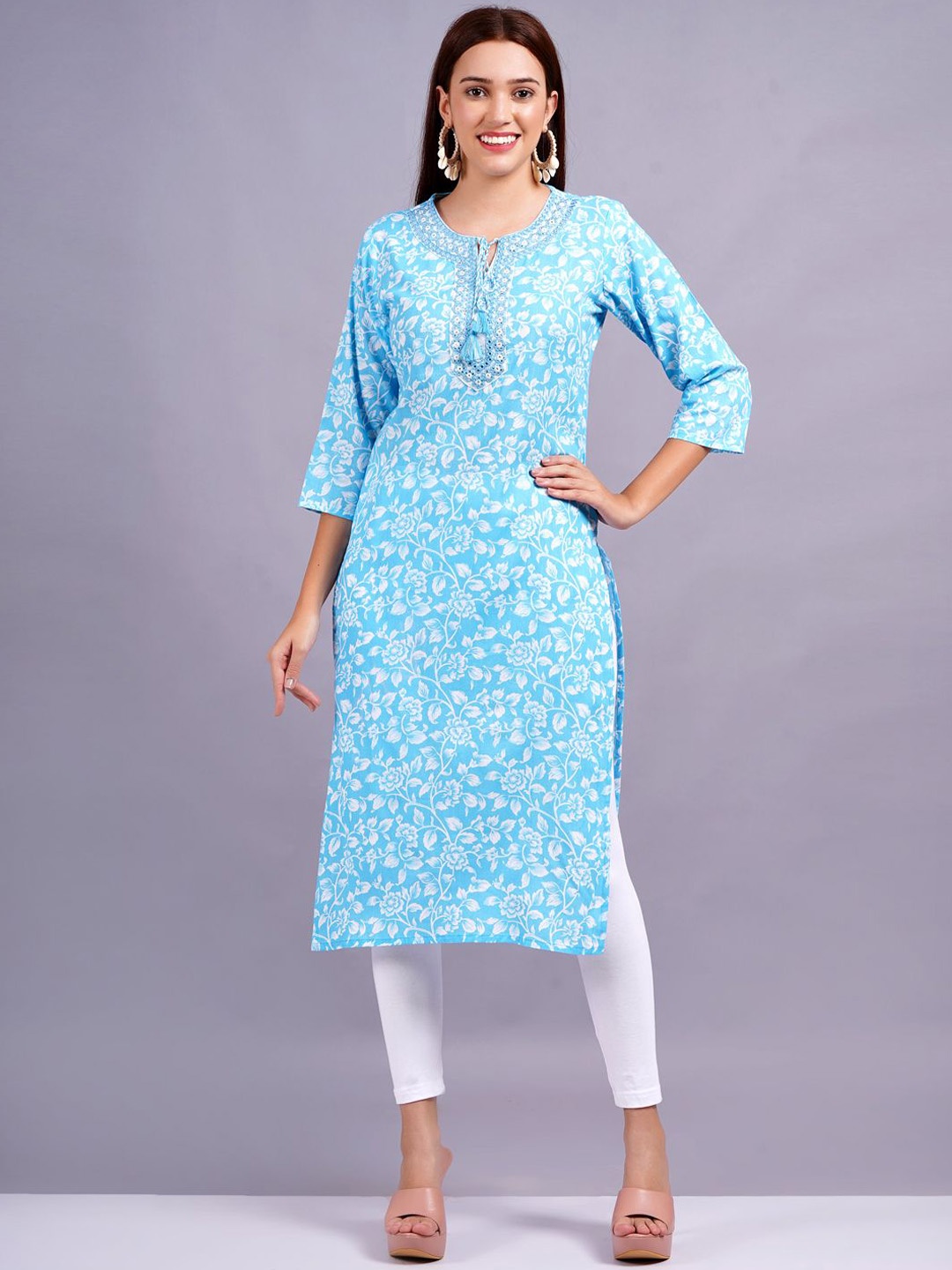 

JC4U Floral Printed Floral Tie-Up Neck Straight Kurta, Blue