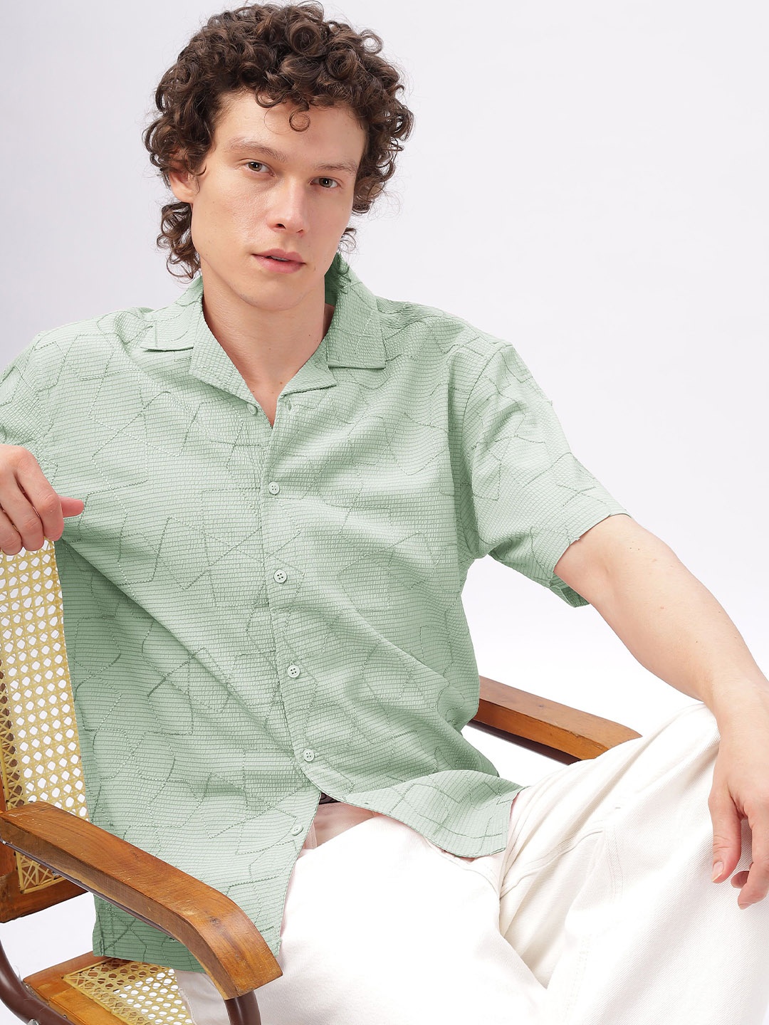 

HAMPTONS Men Cuban Collar Geometric Printed Cotton Casual Shirt, Green