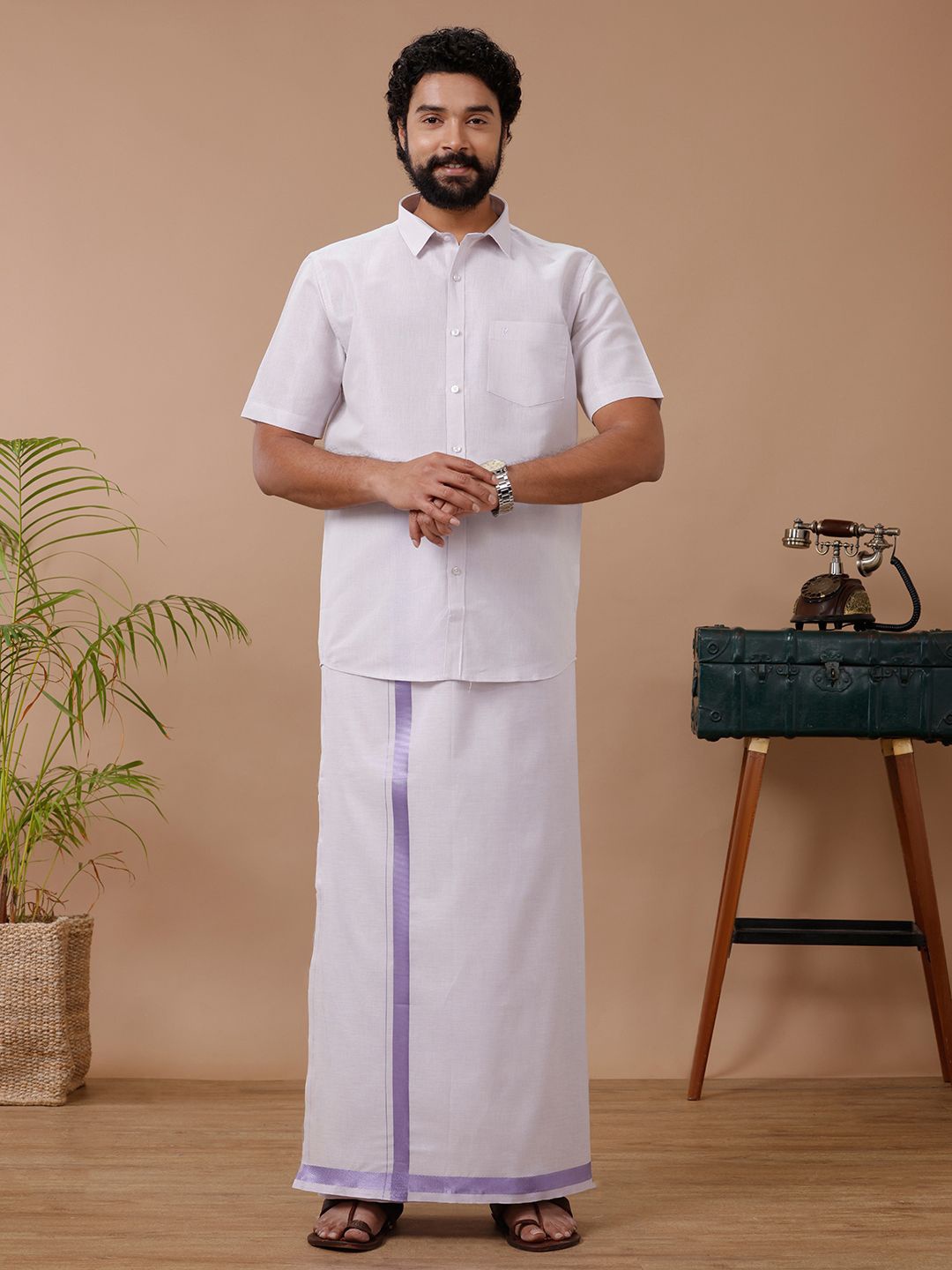 

RAMRAJ Men Cotton blend Dhoti & Half Sleeves Shirt Set, Lavender