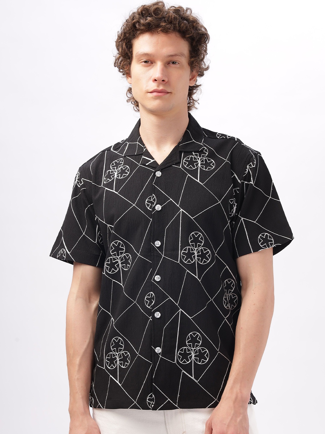 

HAMPTONS Men Cuban Collar Geometric Printed Cotton Casual Shirt, Black