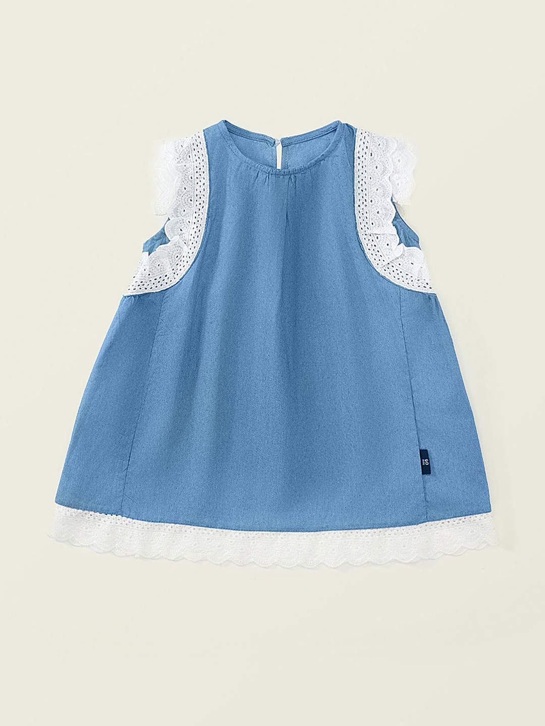 

LULU & SKY Girl's Denim Sleeveless Contrast Lace Trim A-Line Dress, Navy blue