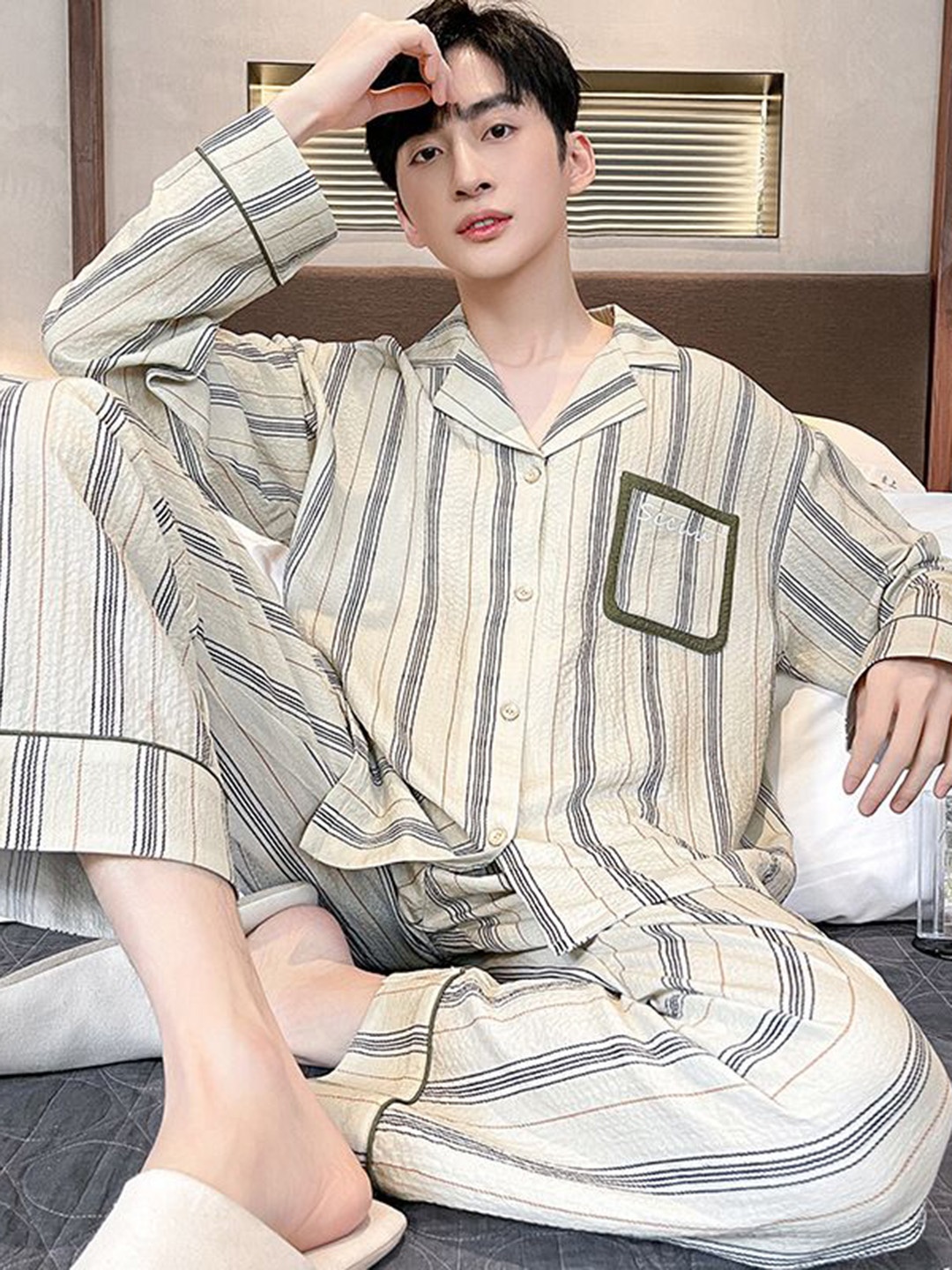 

StyleCast Striped Lapel Collar Long Sleeves Shirt With Pyjama, Off white