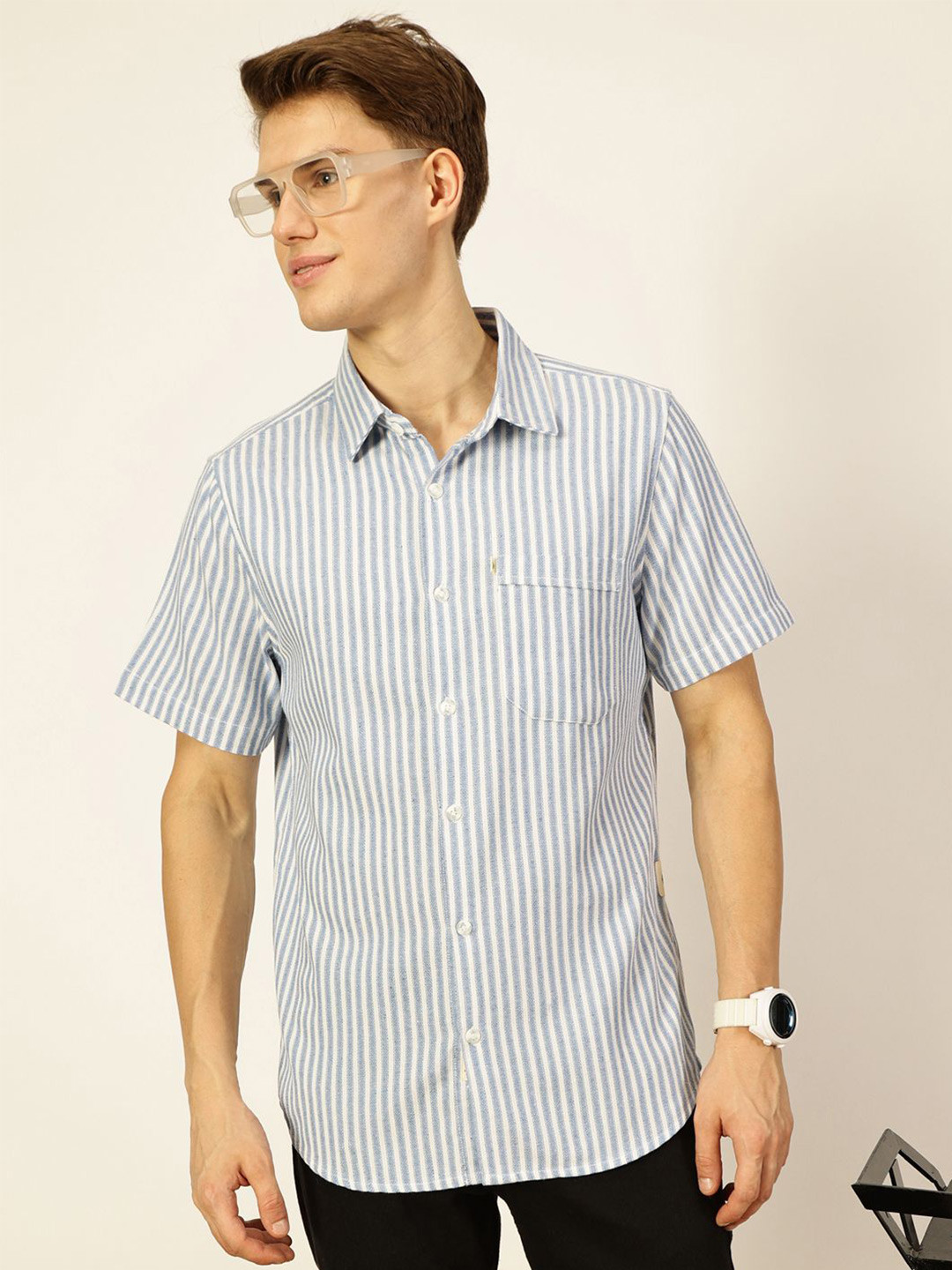 

Thomas Scott Men Classic Spread Collar Vertical Striped Cotton Slim Fit Casual Shirt, Blue