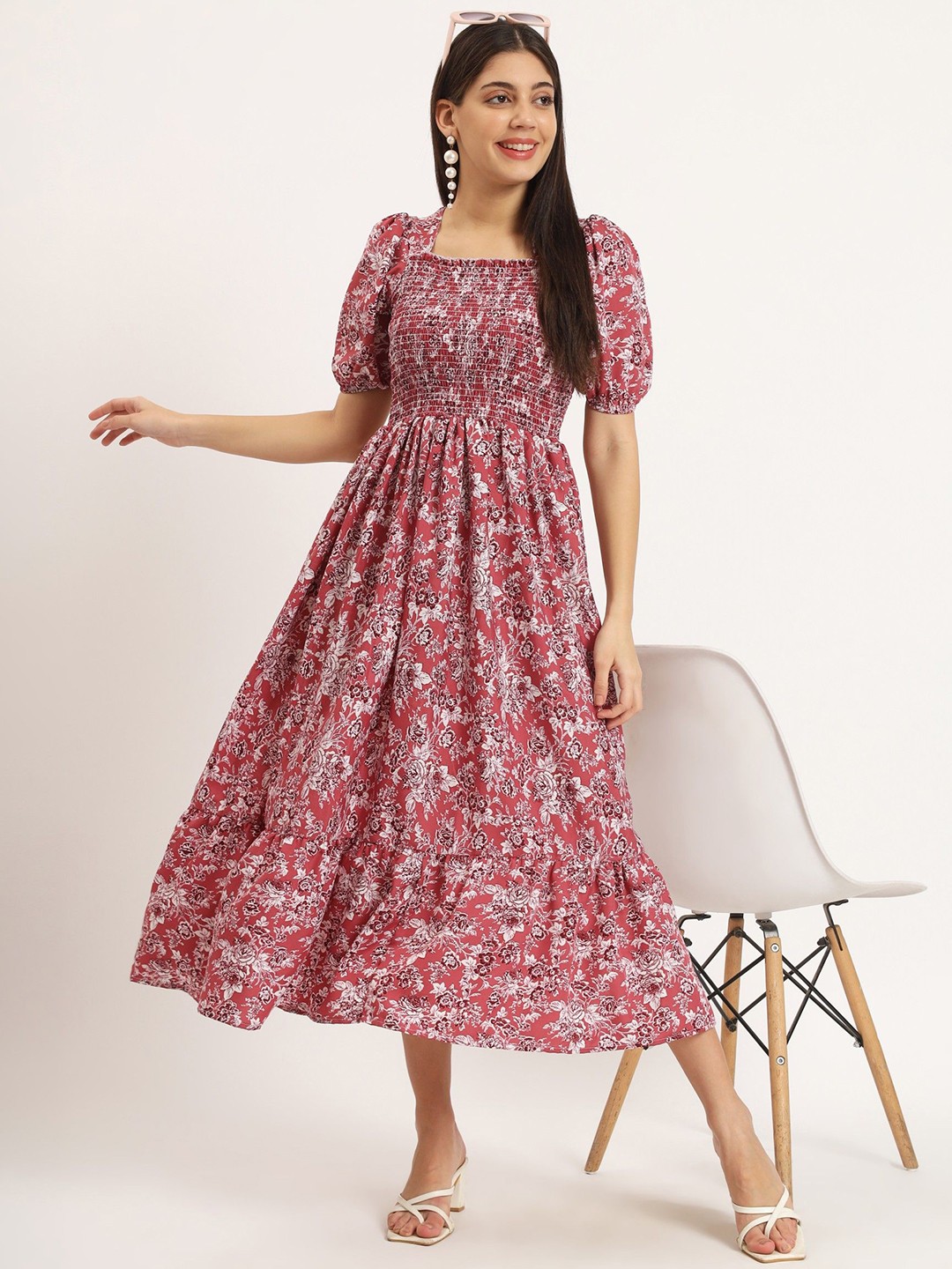 

Raiyani Enterprise Women Floral Printed Applique Fit & Flare Maxi Dress, Pink