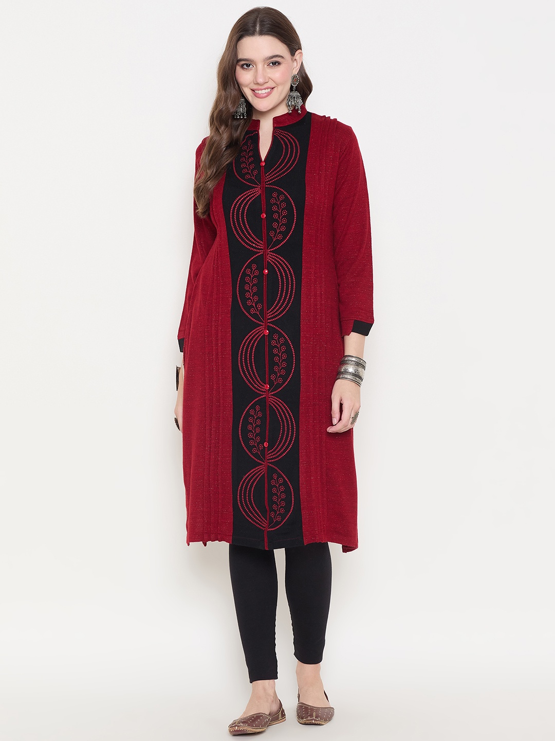 

Zigo Floral Embroidered V Neck Woollen A Line Kurta, Red