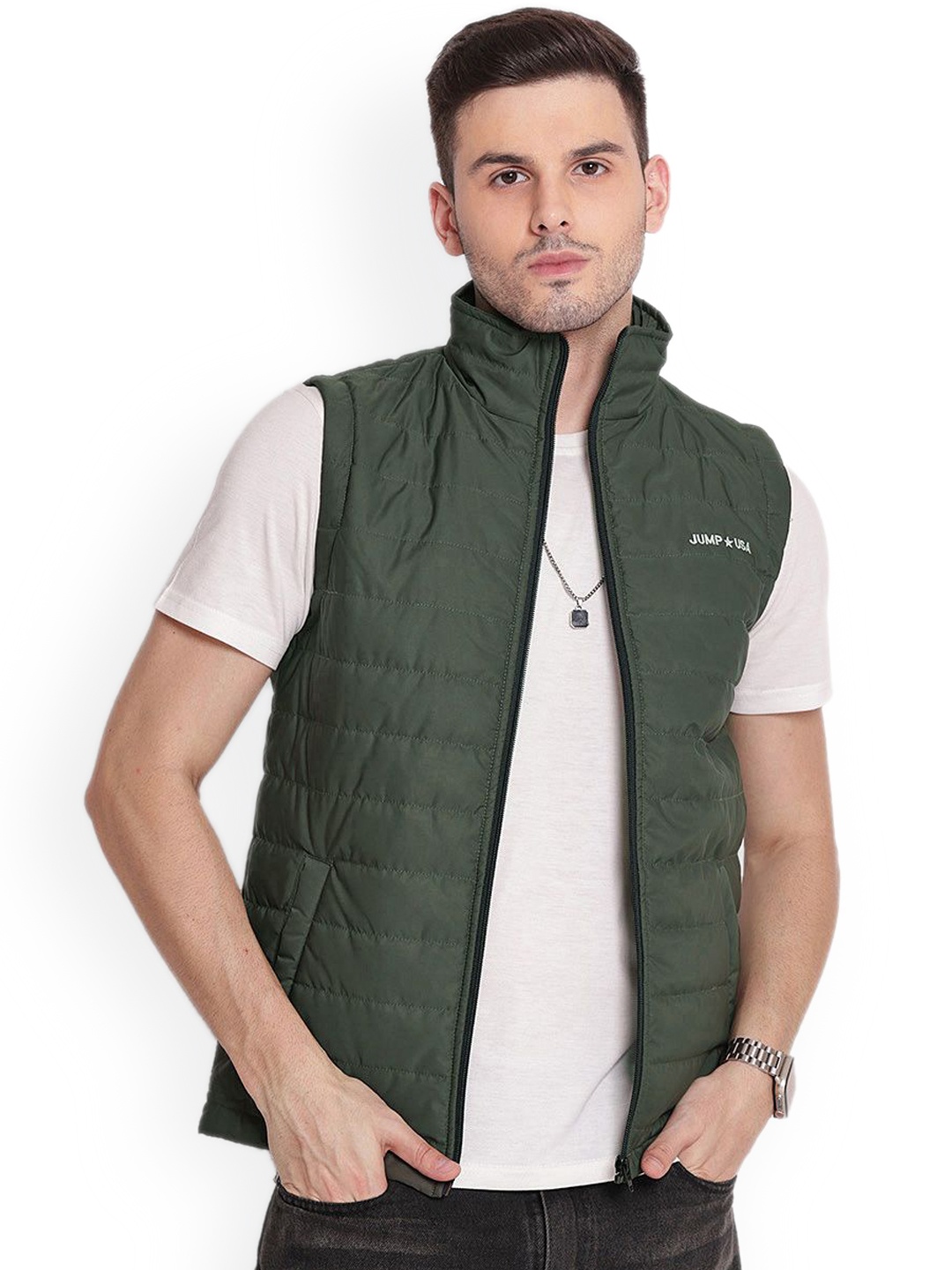 

JUMP USA Men Mock Collar Solid Casual Quilted Jacket, Olive