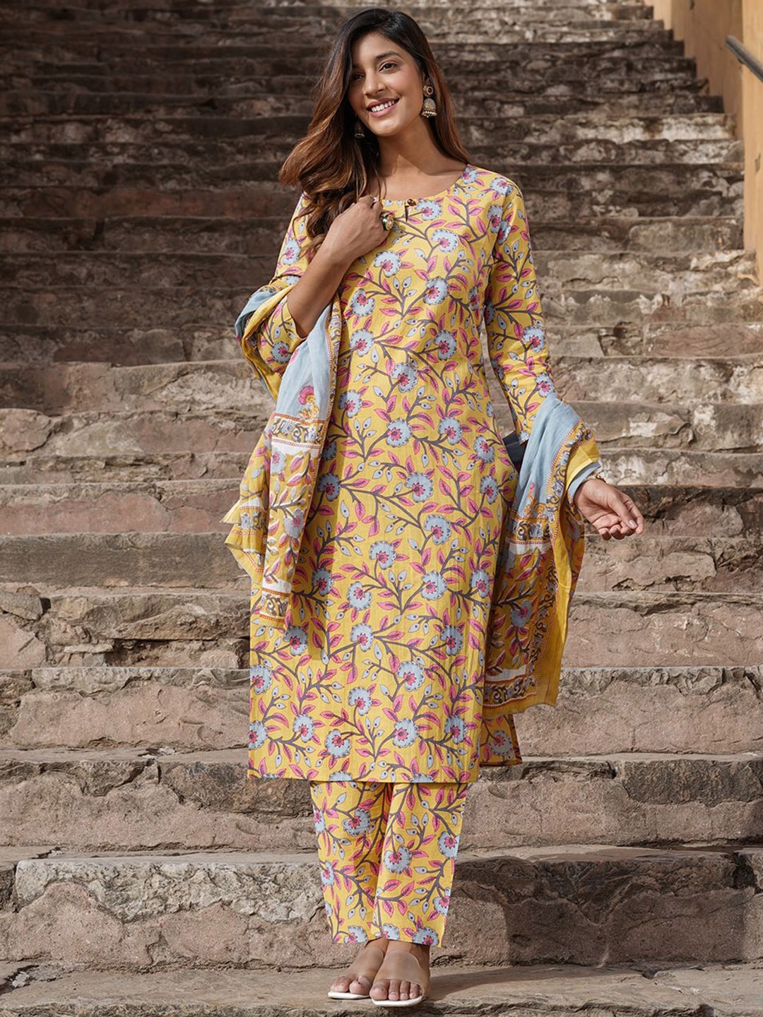 

KALINI Floral Printed Keyhole Neck Pure Cotton Straight Kurta with Trouser & Dupatta, Yellow