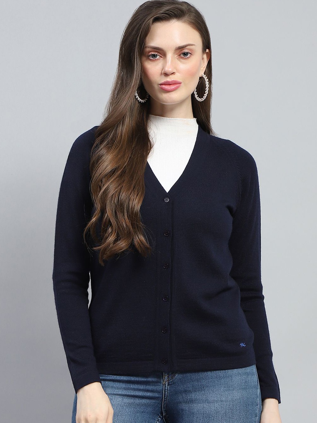 

Monte Carlo Women V Neck Full Sleeve Cardigan, Navy blue