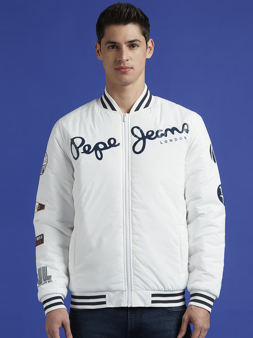 

Pepe Jeans Men Stand Collar Typography Printed Casual Bomber Jacket, White