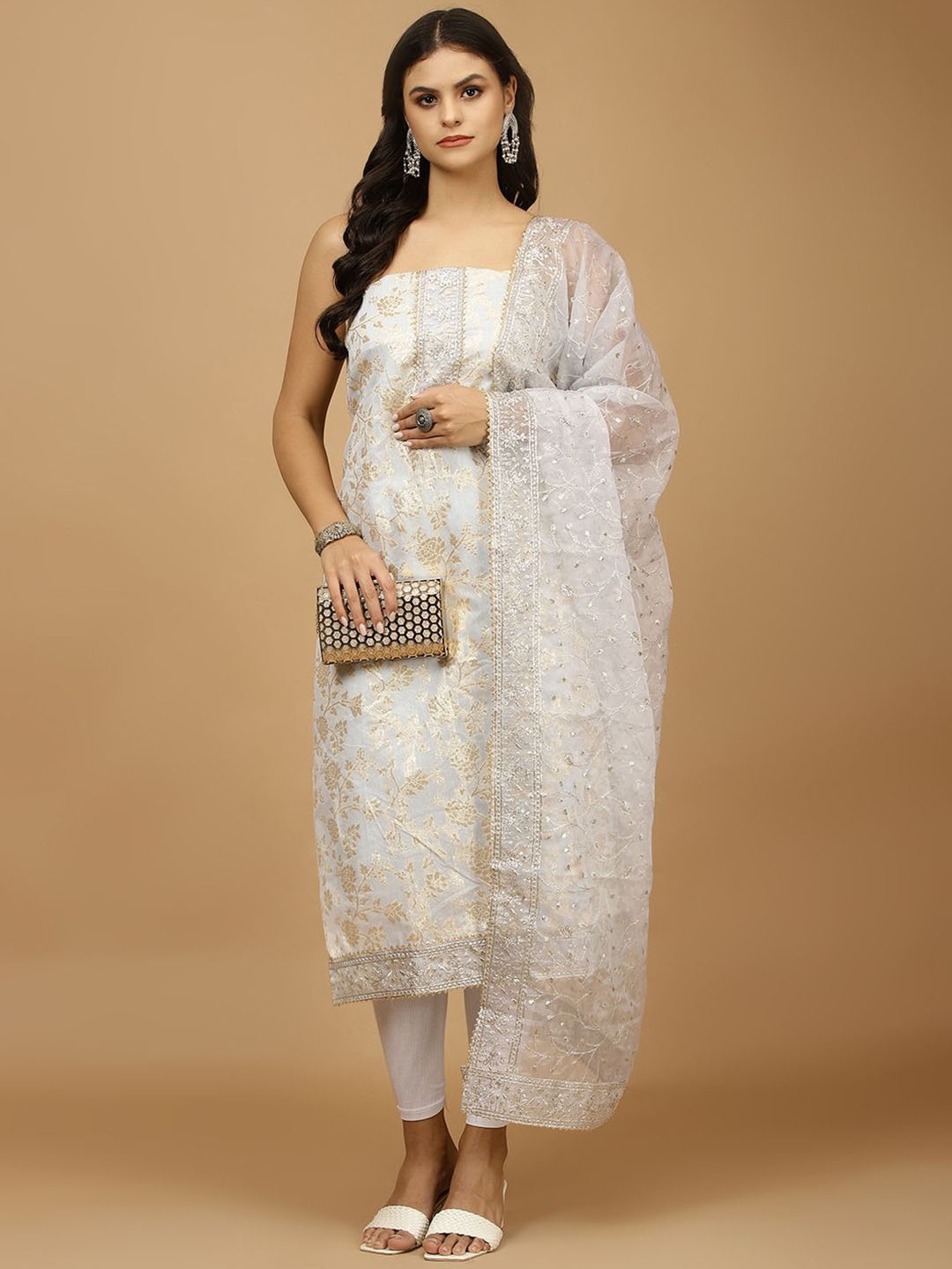 

Meena Bazaar Floral Zari Unstitched Dress Material, Grey