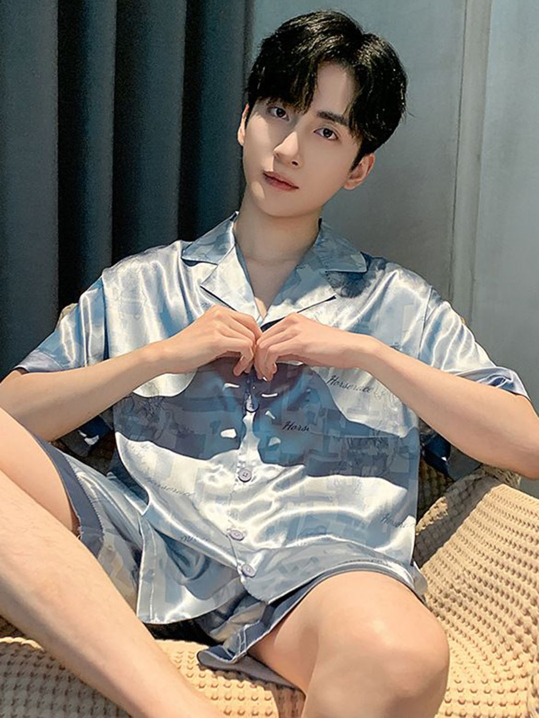 

StyleCast Printed Lapel Collar Short Sleeves Shirt With Shorts Night Suits, Grey