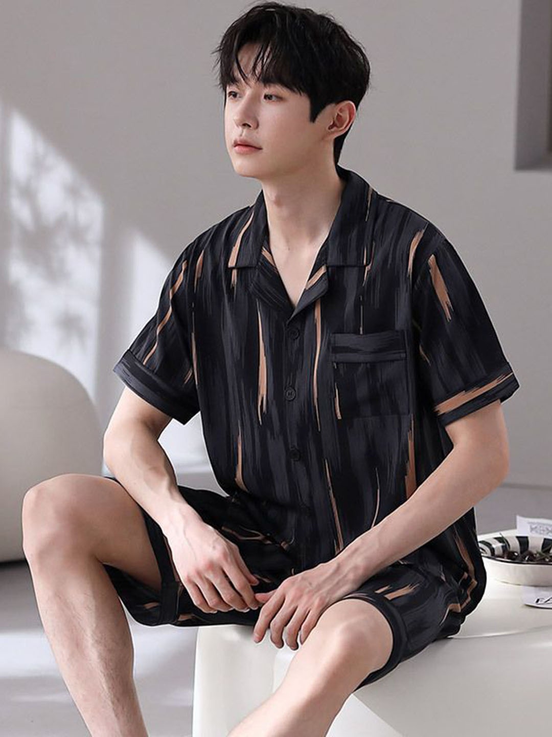 

StyleCast Abstract Printed Shirt Collar Short Sleeves Shirt With Shorts Night Suits, Black