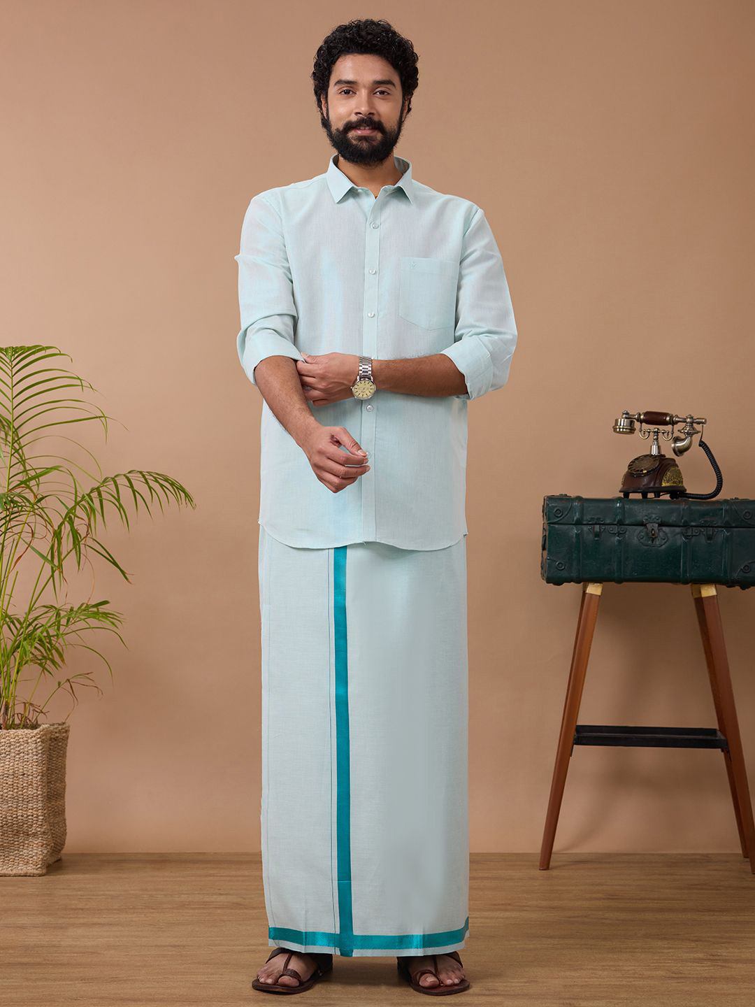 

Ramraj Men Cotton Blend Dhoti & Full Sleeves Shirt Set, Green