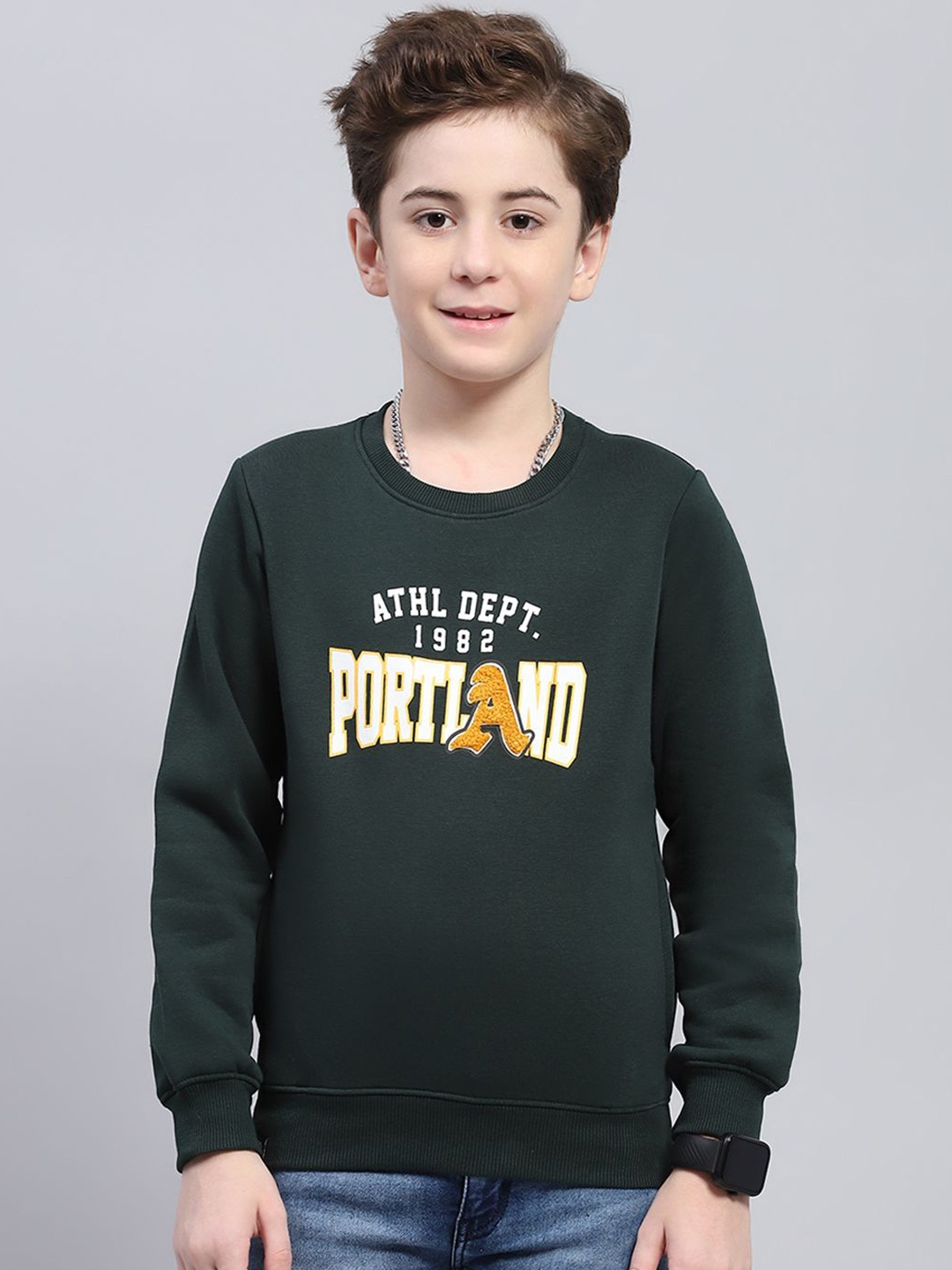 

Monte Carlo Boys Cotton Printed Round Neck Long Sleeves Pullover Sweatshirt, Green