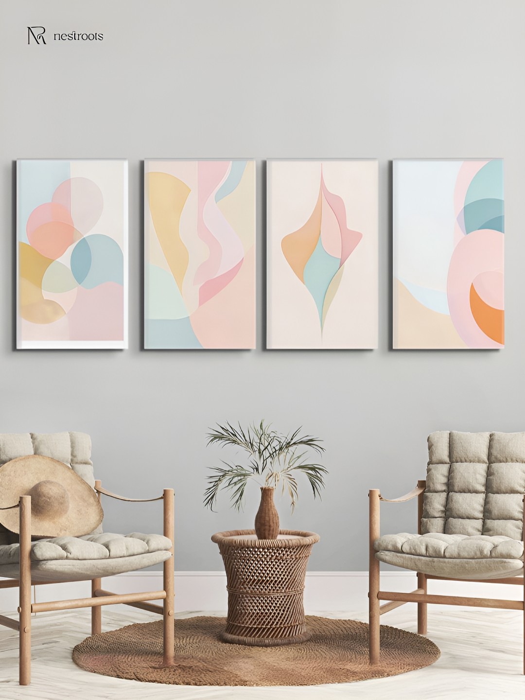 

nestroots Elegant Peach-Coloured & Blue 4 Pieces Abstract Canvas Paintings Wall Arts