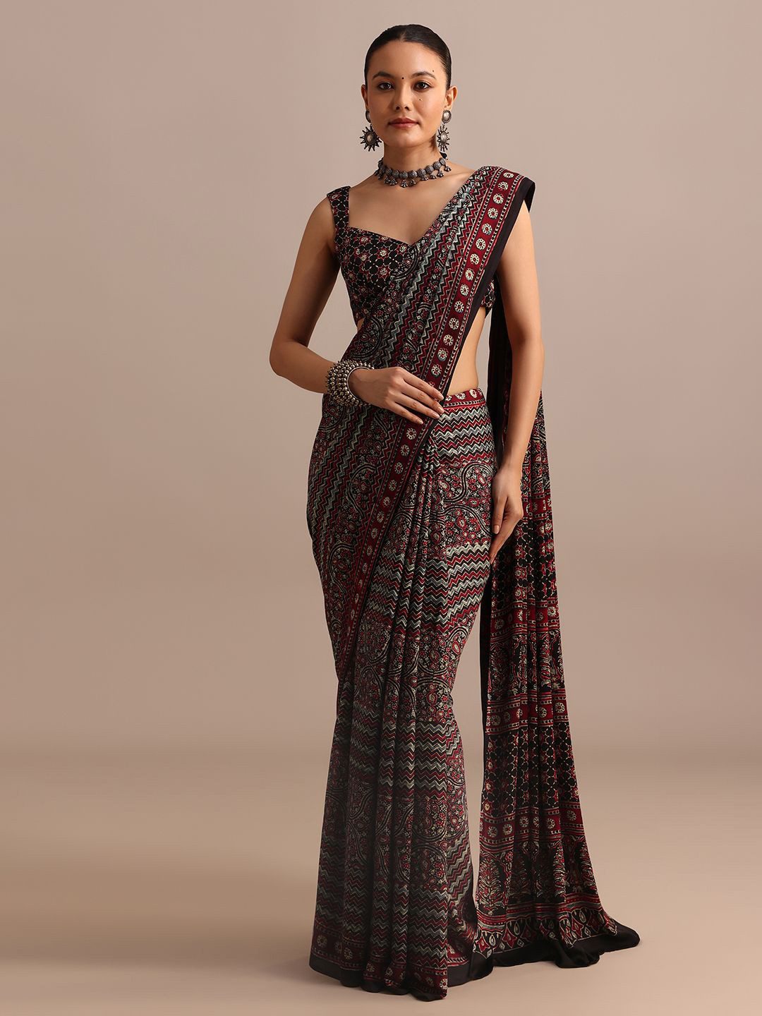 

KALKI Fashion Ethnic Motifs Printed Satin Block Print Saree, Black