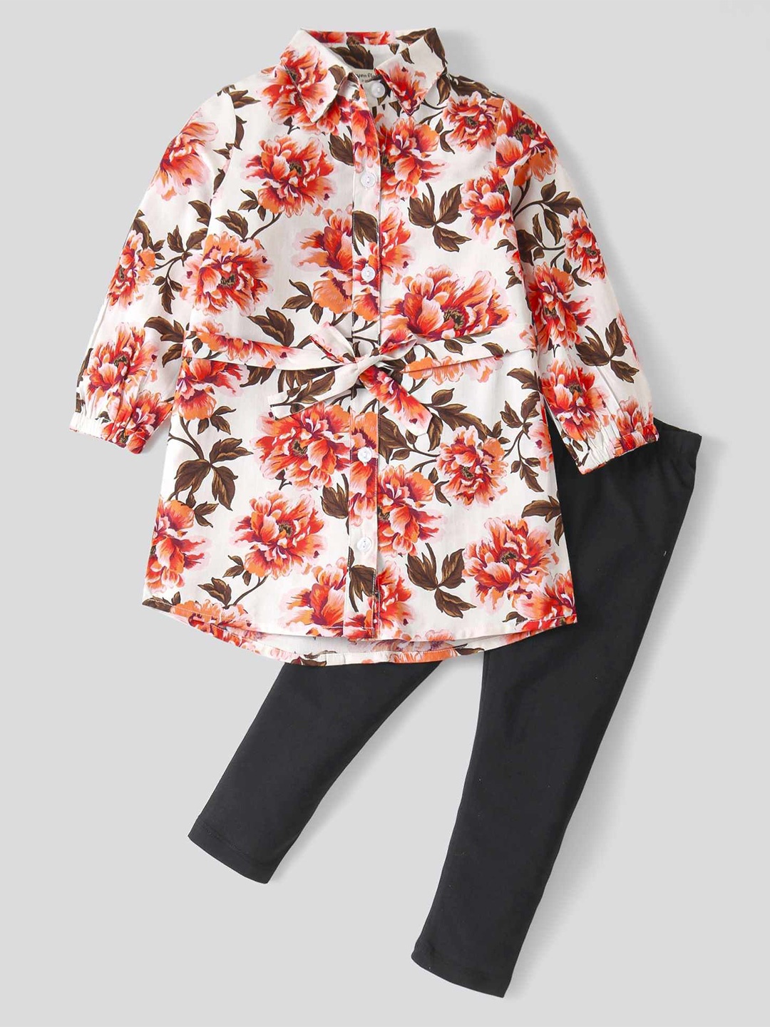 

CrayonFlakes Girls Floral Printed Shirt with Leggings, Off white