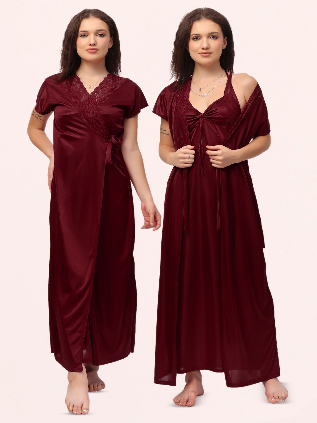 

NIGHT KEYS Women Set Of 6 Satin Lace Maxi Nightdress, Maroon