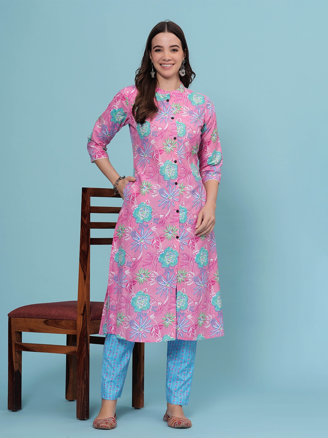 

DIZON Women Pink Printed Pure Cotton Mandarin Collar Three-Quarter Sleeves Kurta