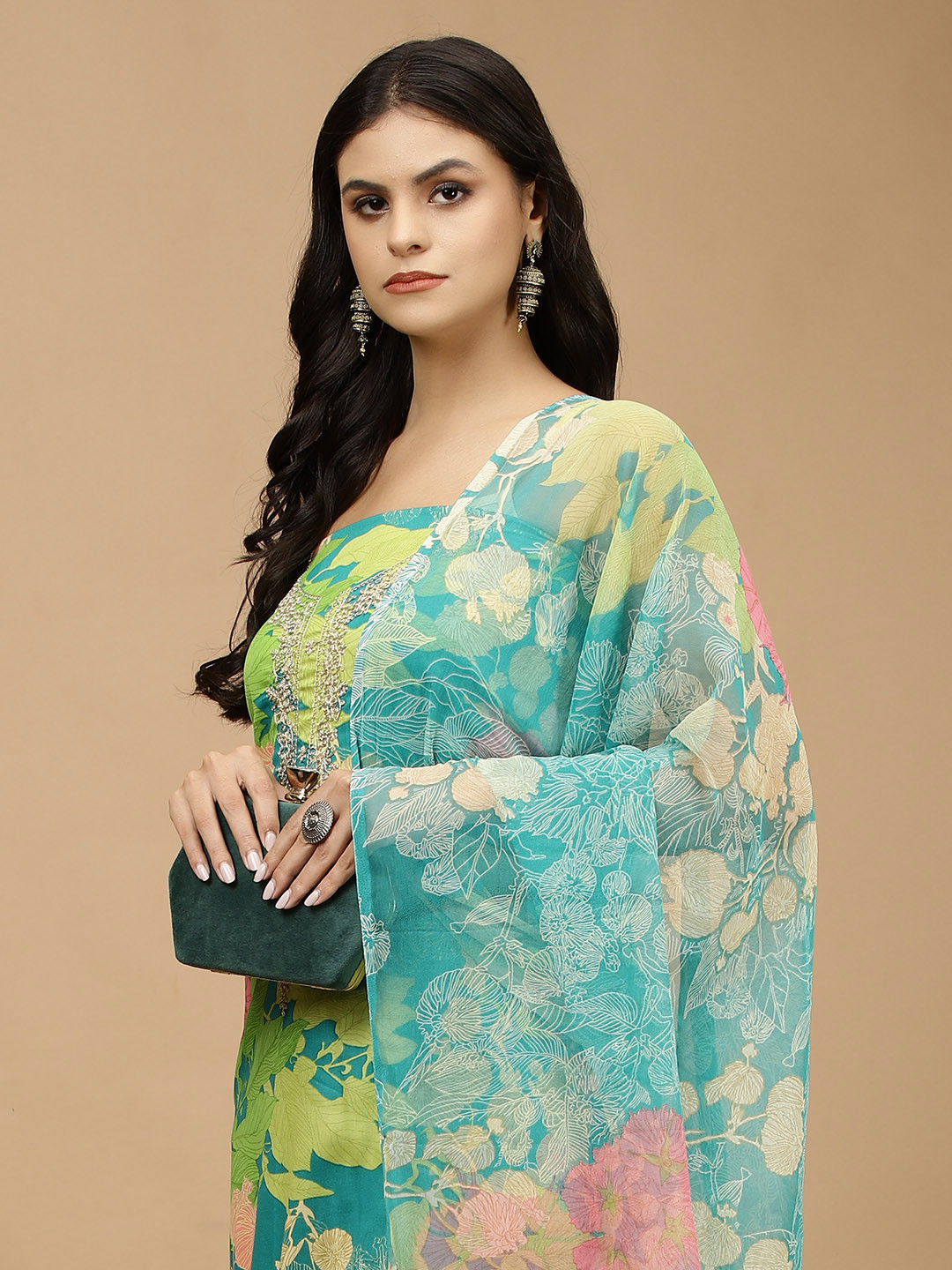

Meena Bazaar Floral Printed Zari Unstitched Dress Material, Blue